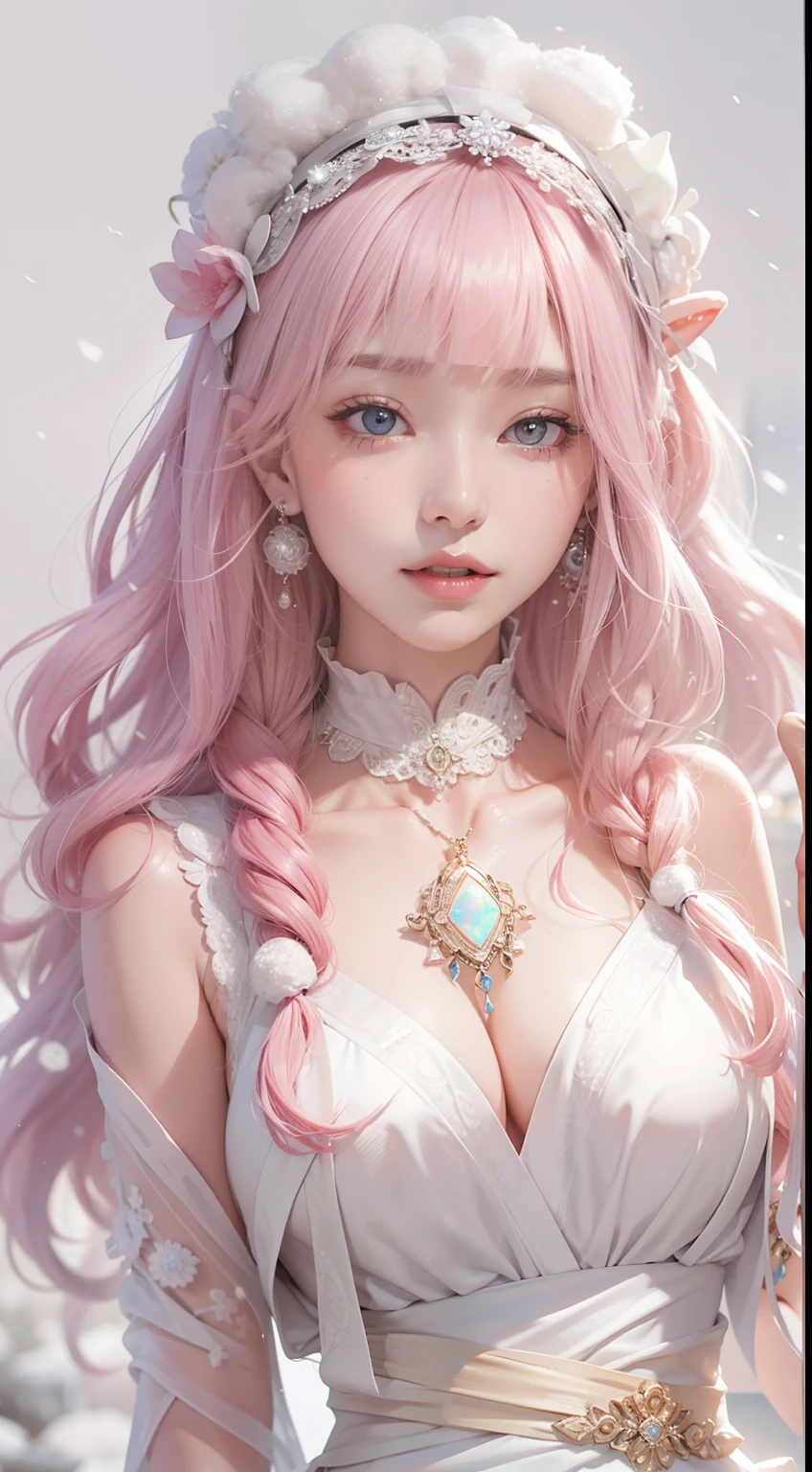 A woman of outstanding figure,Give colorful hair in a white pink floral princess dress,(((There are men around)))