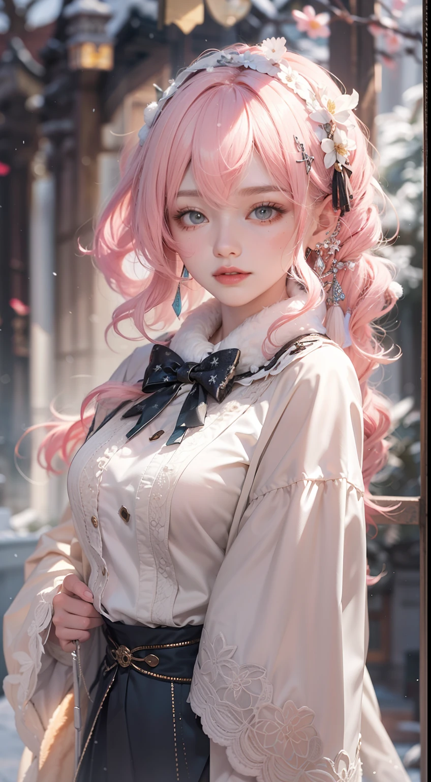 Works of masters,Best image quality,超高分辨率,8K分辨率,first person perspective,(full bodyesbian),s the perfect face,Glowing skin,Exquisite facial features,solo person,femele,ssmile,long whitr hair,Pink hair,crossed bangs,Wave head,Bracelet,Collar,pendant,Lolita costume,snowflower,Winters,Temple,New Year,Opal rendering,Cinematic lighting,