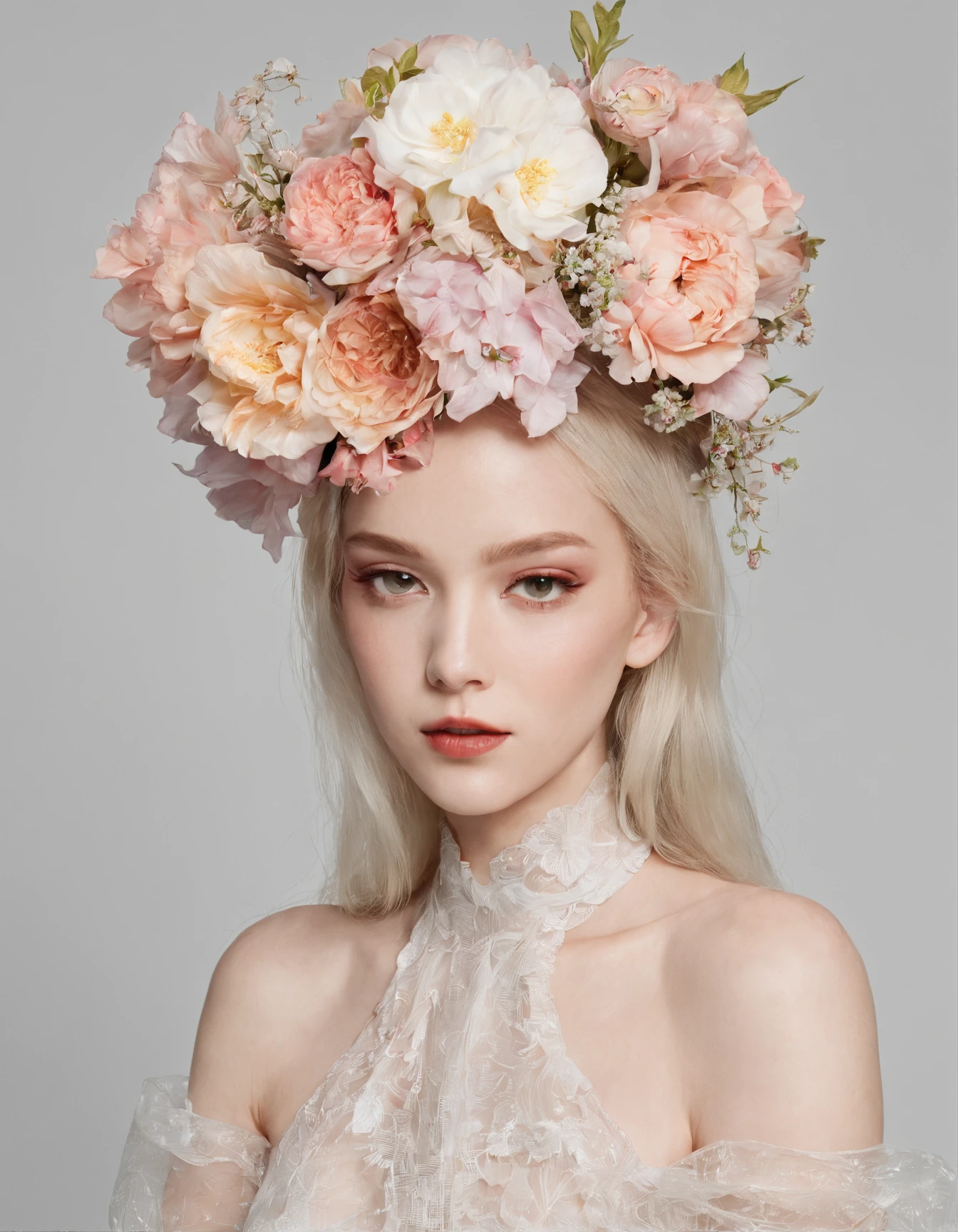 She has multiple flowers on her head。the head is covered with bloom,。 She is very young, Elegant and beautiful 18 year old woman.
She wears slim, See-through, Off-the-shoulder, halterneck dress.
her hair is long and straight. She sits on an antique chair. She holds a glass of wine in her hand.A detailed face、