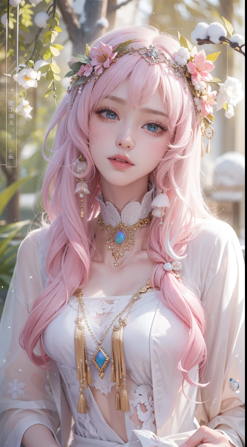 Works of masters,Best image quality,超高分辨率,8K分辨率,first person perspective,(full bodyesbian),s the perfect face,Glowing skin,Exquisite facial features,solo person,femele,ssmile,long whitr hair,Pink hair,crossed bangs,Wave head,Bracelet,Collar,pendant,ta costume,snowflower,Winters,Temple,New Year,Opal rendering,Cinematic lighting,