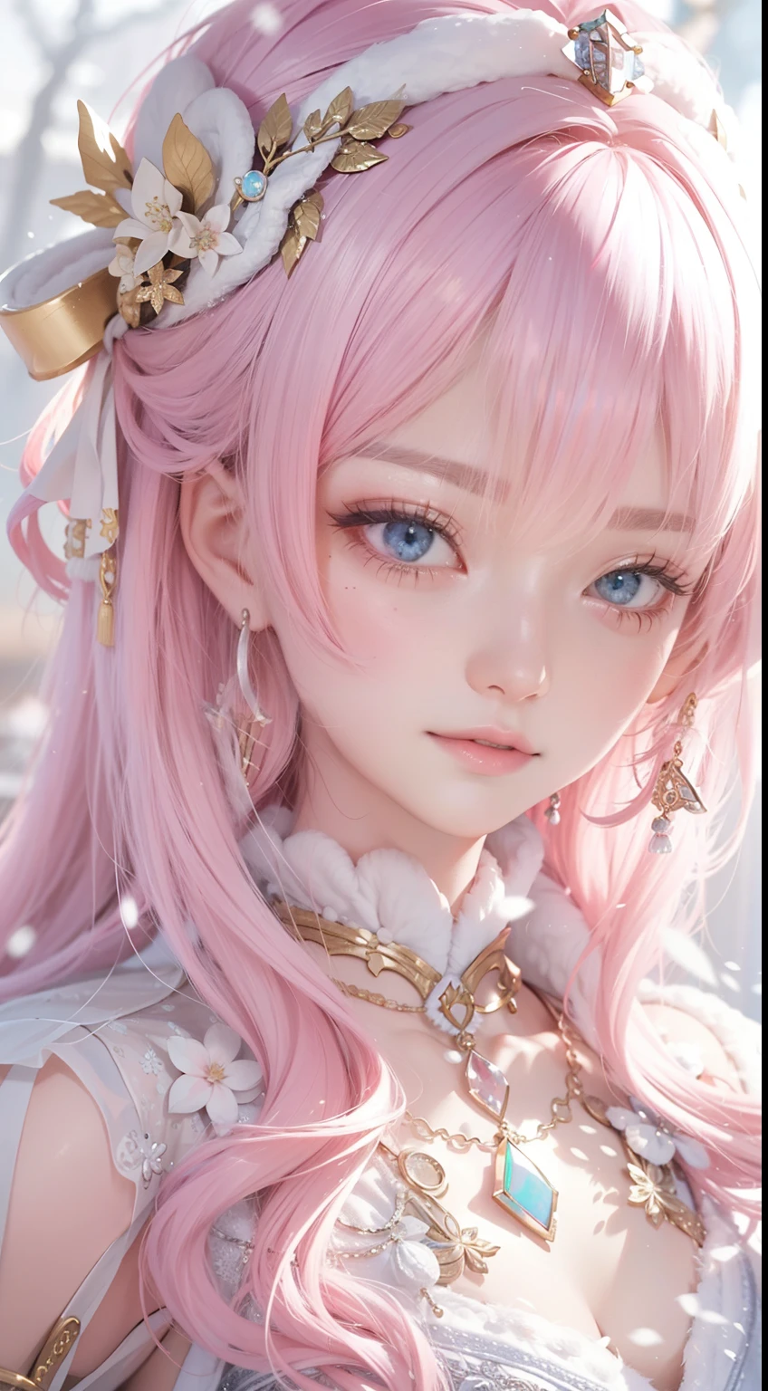 Works of masters,Best image quality,超高分辨率,8K分辨率,first person perspective,(full bodyesbian),s the perfect face,Glowing skin,Exquisite facial features,solo person,femele,ssmile,long whitr hair,Pink hair,crossed bangs,Wave head,Bracelet,Collar,pendant,ta costume,snowflower,Winters,Temple,New Year,Opal rendering,Cinematic lighting,