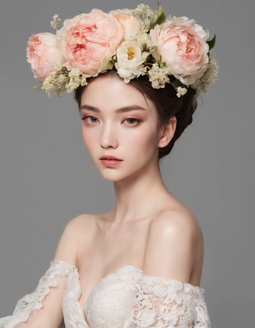 She has multiple flowers on her head。the head is covered with bloom,。 She is very young, Elegant and beautiful 18 year old woman.
She wears slim, See-through, Off-the-shoulder, halterneck dress.
her hair is long and straight. She sits on an antique chair. She holds a glass of wine in her hand.A detailed face、