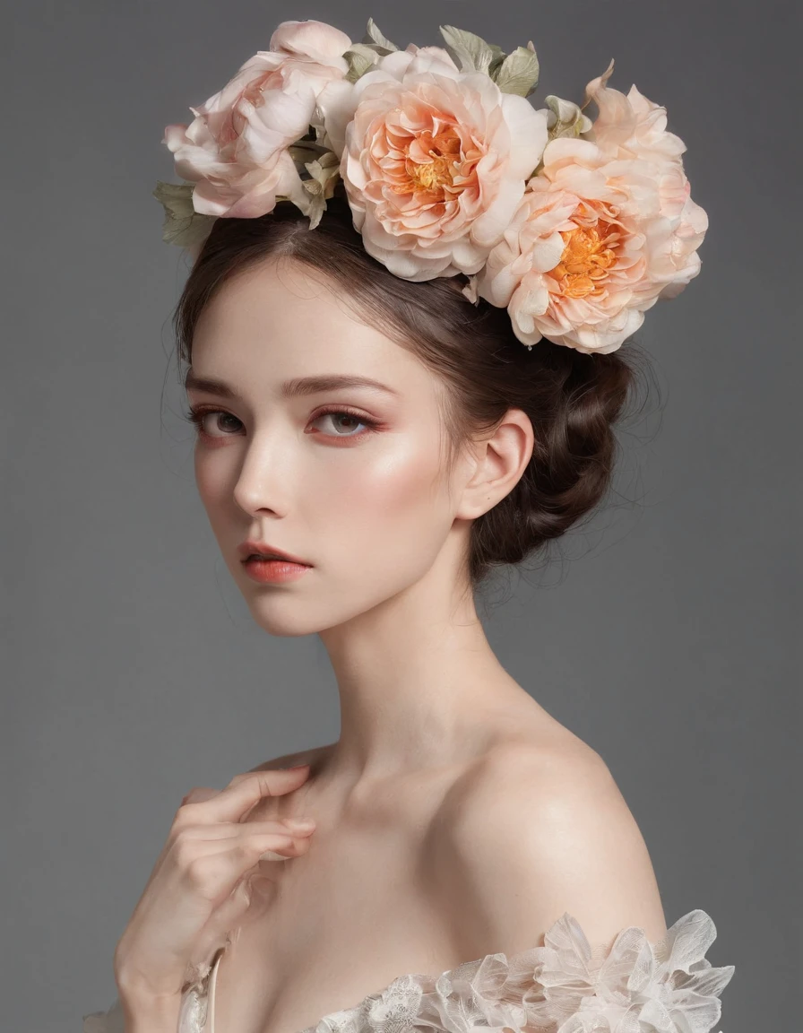 She has multiple flowers on her head。the head is covered with bloom,。 She is very young, Elegant and beautiful 18 year old woman.
She wears slim, See-through, Off-the-shoulder, halterneck dress.
her hair is long and straight. She sits on an antique chair. She holds a glass of wine in her hand.A detailed face、