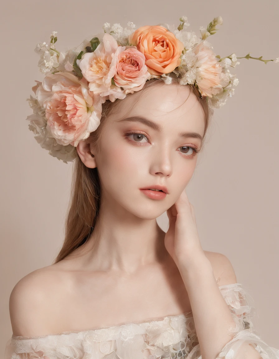 She has multiple flowers on her head。the head is covered with bloom,。 She is very young, Elegant and beautiful 18 year old woman.
She wears slim, See-through, Off-the-shoulder, halterneck dress.
her hair is long and straight. She sits on an antique chair. She holds a glass of wine in her hand.A detailed face、