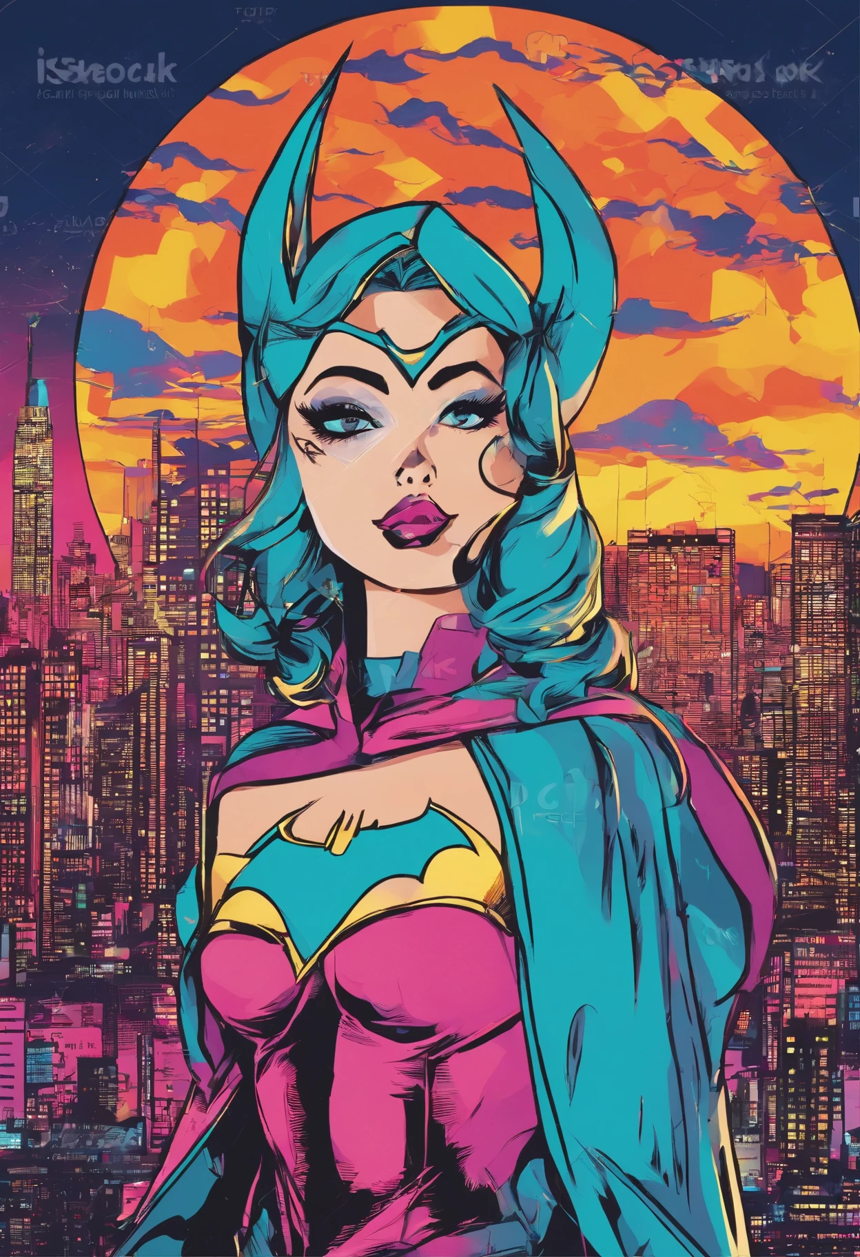 (best quality,4k,8k,highres,masterpiece:1.2),ultra-detailed,realistic,traditional comic pop art,waifu,beautiful detailed eyes,beautiful detailed lips,longeyelashes,extremely detailed eyes and face,vivid colors,bokeh,batman costume,caped blowing in the wind,on a rooftop overlooking gotham city,cityscape view,night scene,moonlit backdrop,classic art style,pop art style,comic book aesthetic,pixelated shading,expressive lines,80s vibes