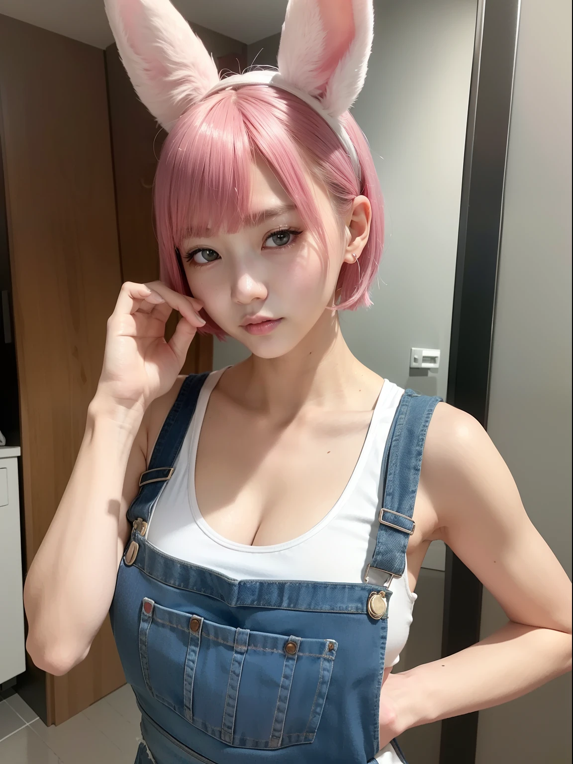 A refreshing morning、Jeans fabric overalls、White bra、Naked under overalls、Protruding、Nipple、Naked overalls、Pink hair、Realistic rabbit ears、rabbit ears pink hair sticking out of the head,,,,,,,,,,,,,,、Bewitching atmosphere、Beautiful shaped hands、K-POP、Pink rabbit ears、1 girl in、独奏、masterpiece、top-quality、realisitic、Hyper-detailing、(Glossy skin:1.4)、absurderes、short pink hair、Slender beauties、动态照明、hight resolution、foco nítido、depth of fields、(thick thight:1.0)、A slender :1.2、((Short-cut bob hair))、((k pop:1.3))、Highly detailed facial and skin texture、((魅惑的))、Anatomically correct number of fingers、Correct anatomy、Angle from below