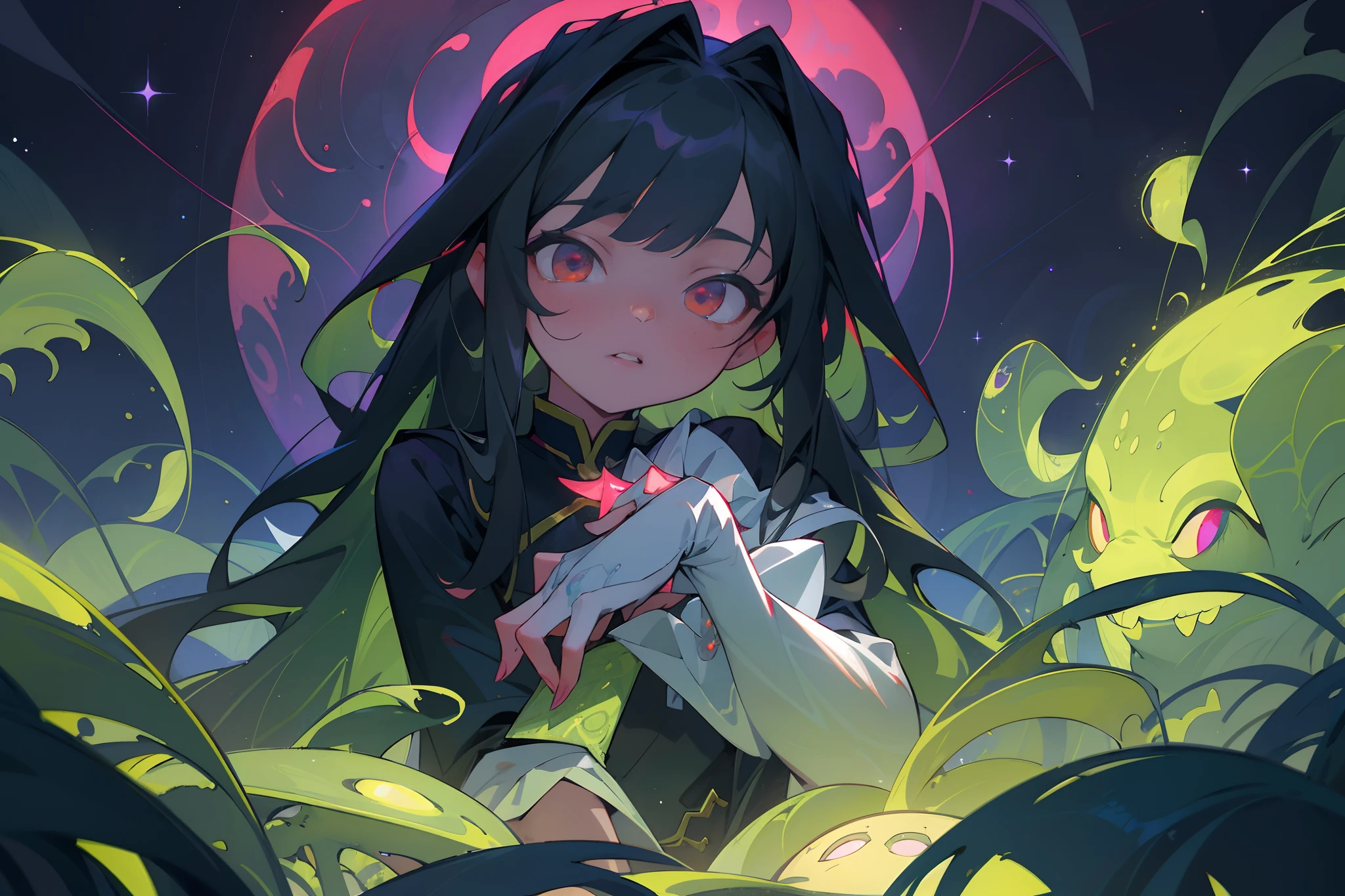 tmasterpiece,Best quality at best,highly details, Ultra-detailed 8K, 超高分辨率,kosmos,starlights,Huge algae,Cthulhu,tentaculata,starrysky,black hole,Bask in starlight,perfect compositions,red color eyes,Black purple background,