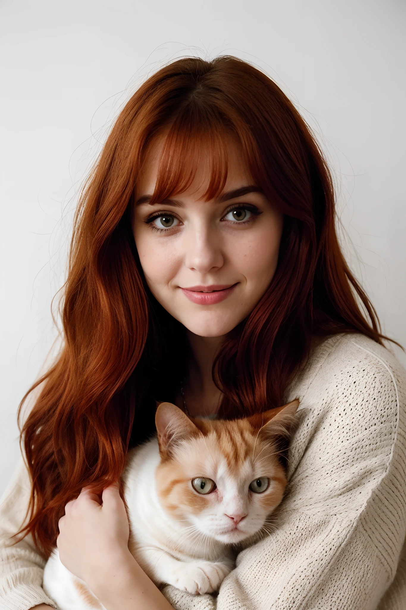 Moody Instagram photos, Close-up of a 42-year-old woman's face, Wear a comfortable, oversized sweater, Dirty fiery red hair, Color gradient, Bright hair ends, white pale skin, cheerfulness, Cute smile, Hug her kitten, Grumpy cat, with its soft fur, Beautiful hazelnut eyes, hard shadows, Dark, during night, Overexposure filter,
