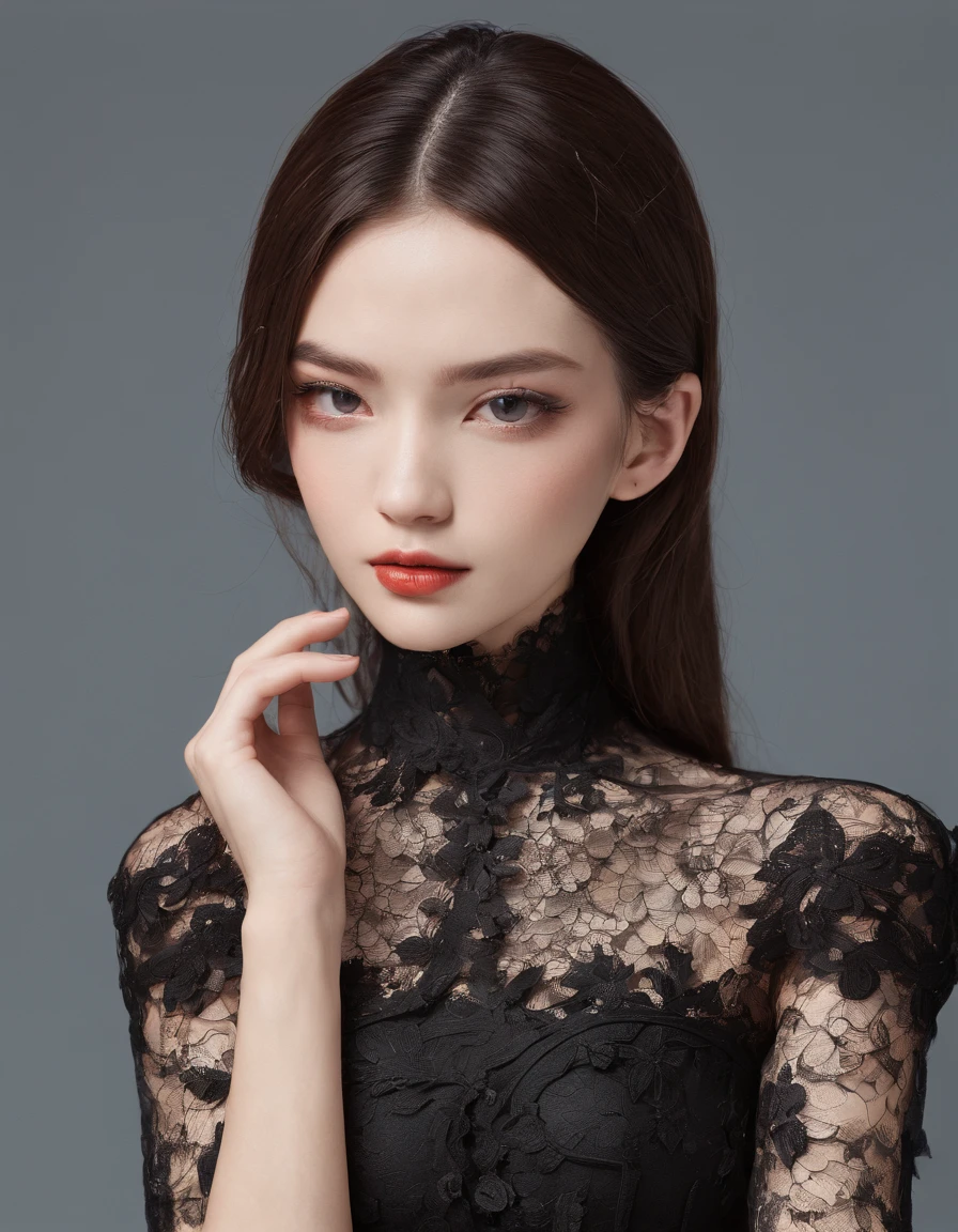 The face is covered with black lace。Dough heads are covered with bloom,。 She is very young, Elegant and beautiful 18 year old woman.
She wears slim, See-through, Off-the-shoulder, halterneck dress.
her hair is long and straight. She sits on an antique chair. She holds a glass of wine in her hand.A detailed face、