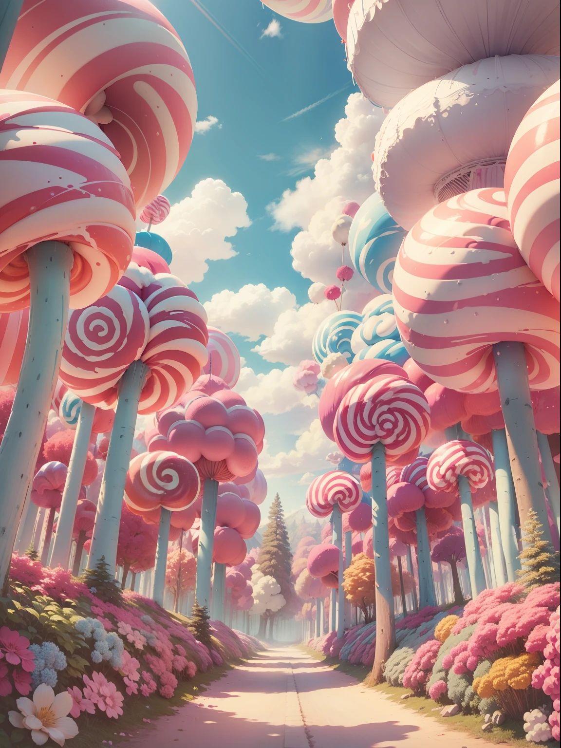 Pink Forest，Candy World，Lollipop trees，wide wide shot，Exceptional lighting effects，Candy Peak，Cream clouds，Marshmallow clouds，Juice river，Blue sky