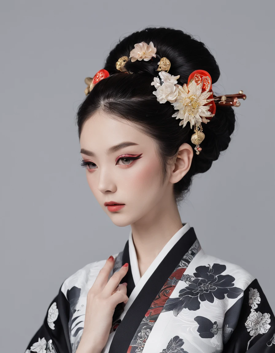 Deities々Oiran with ornate decoration,She is a very elegant and beautiful 18-year-old girl. Her face is gorgeously decorated.Black and white kimono