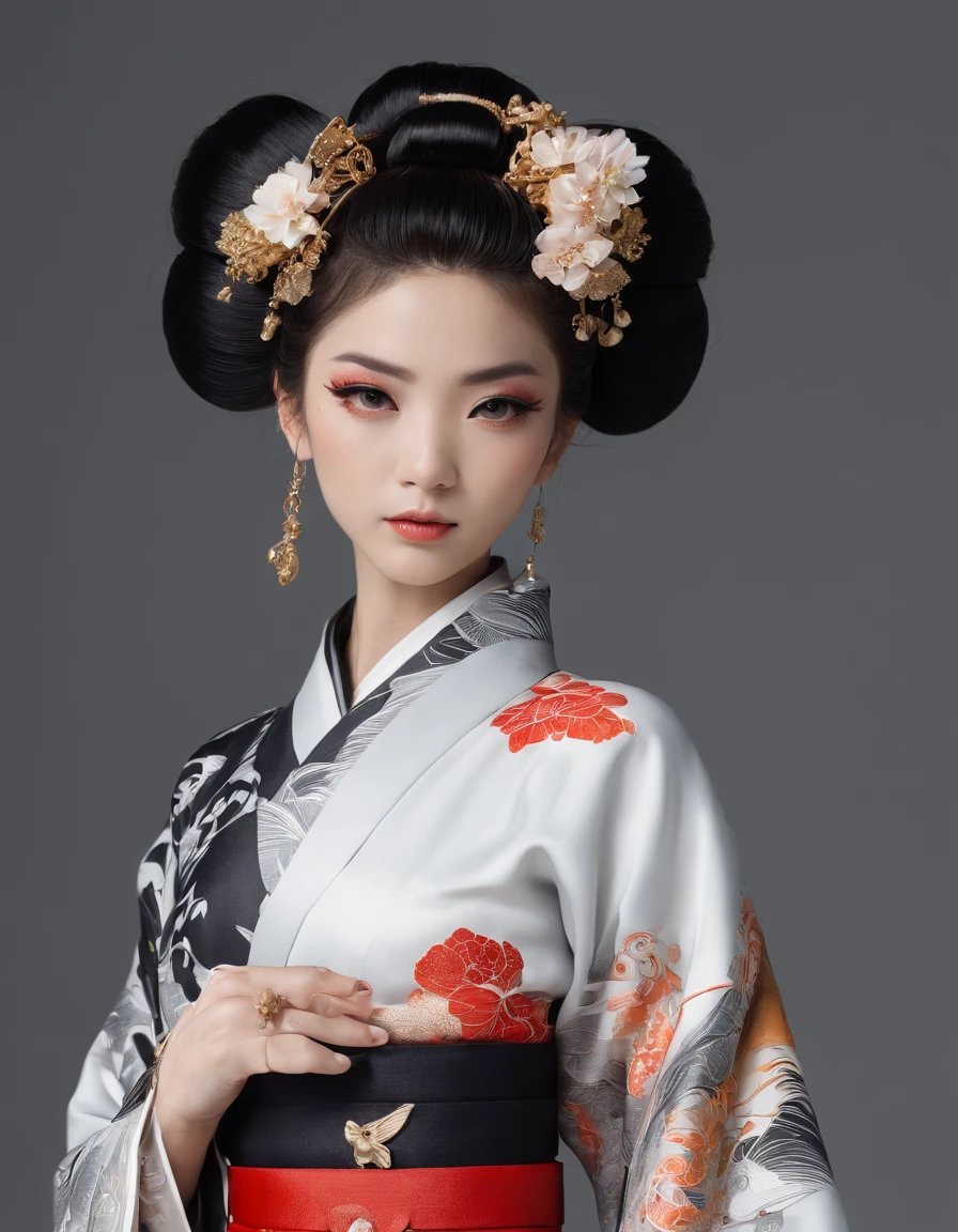 Deities々Oiran with ornate decoration,She is a very elegant and beautiful 18-year-old girl. Her face is gorgeously decorated.Black and white kimono
