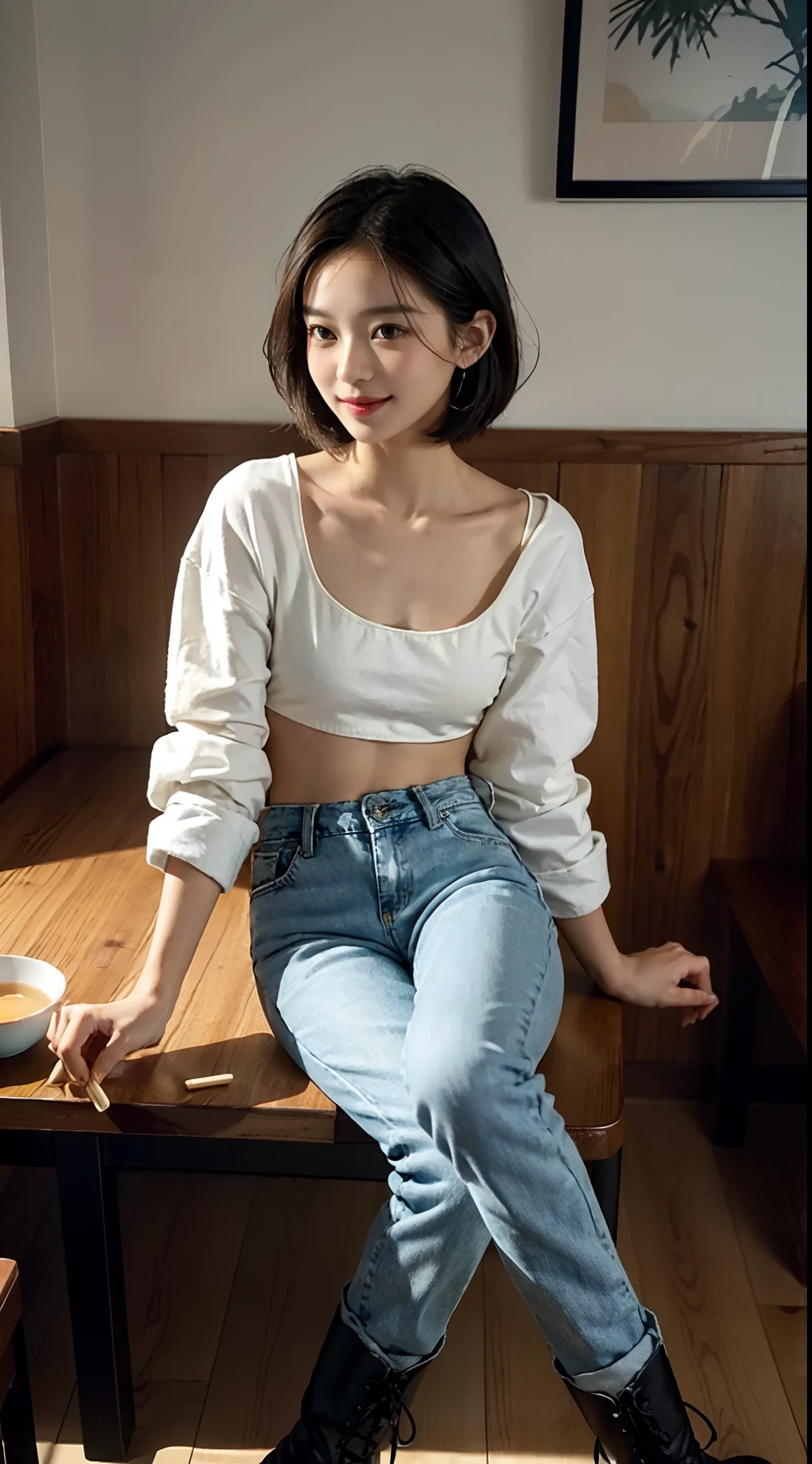 ((Small underboob)), (shoulder length straight short hair: 1.2), （Extremely meticulous CG 8k wallpaper），（Extremely refined and beautiful），（Masterpiece），（best qualtiy：1.0），（Ultra High Resolution：1.0），beautiful light up，Perfect lightning，realistic shaded，[A high resolution]，Smooth and flawless fair skin，Extremely exquisite facial details，（perfect body：1.1），ultra - detailed，A beautiful girl，small head，(Small breasts:1.1)，Flat chests，slim，thin，Smile，cheerfulness，(collarless white jacket:1.3），（Light blue denim pants:1.1）,(Black military boots:1.1)，early autumn,afternoon, Bright and warm light，in a noodle restaurant,Close Shot,Sitting in a chair by the dining table，Holding a pair of chopsticks in right hand，(a large bowl of seafood noodles on the dining table:1.0),A small plate of pickled vegetables，A cup of barley tea