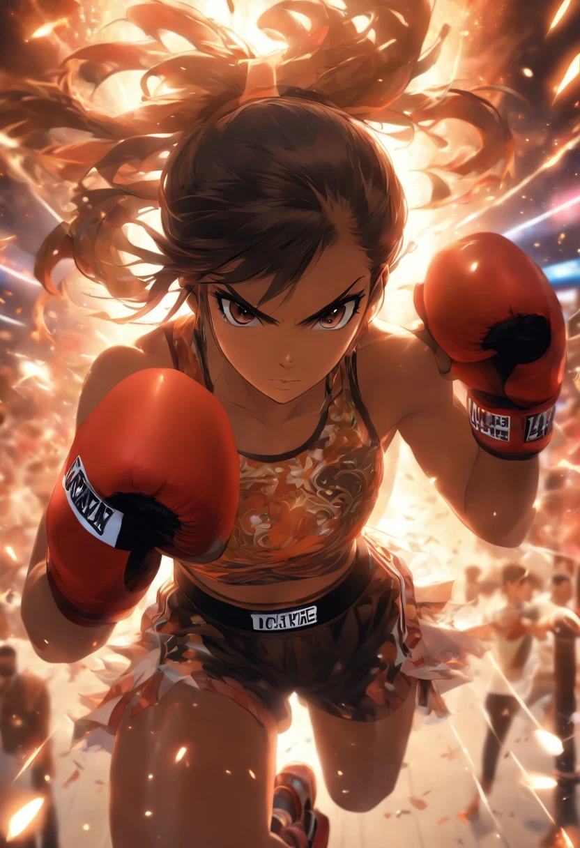 Full-fledged female boxer、Ponytail with black hair、Brown-skinned、Black sports bra and shorts、boxing gloves、With a keen eye、Boxing pose、Waist line、black sneaker shoes,Boxing stadiums,20yr old,HDR,depth of fields,Cinema lenses,optimum,moving visuals,(s fractal art:1.3)