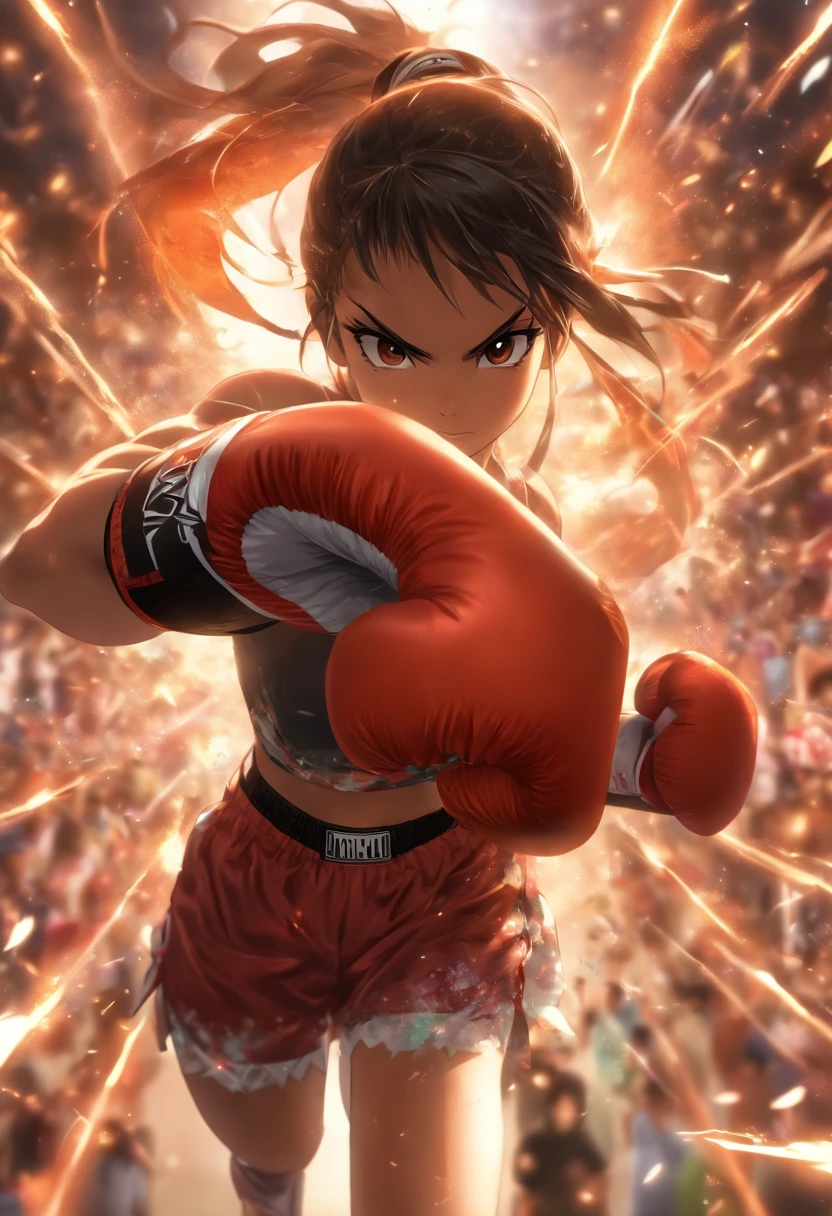 Full-fledged female boxer、Ponytail with black hair、Brown-skinned、Black sports bra and shorts、boxing gloves、With a keen eye、Boxing pose、Waist line、black sneaker shoes,Boxing stadiums,20yr old,HDR,depth of fields,Cinema lenses,optimum,moving visuals,(s fractal art:1.3)