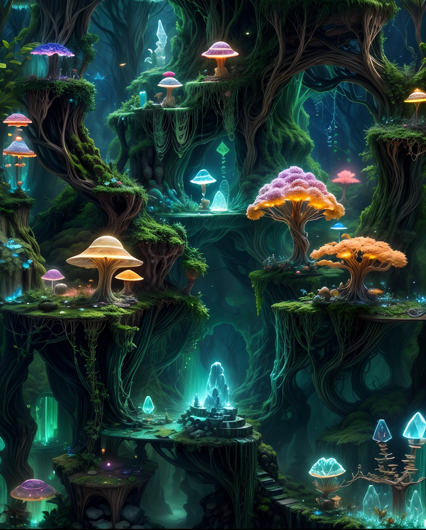 A hidden fantasy jungle deep underground, bioluminescent fungi lighting the way, enormous crystal formations, and ancient ruins filled with mystery and wonder, Sculpture, clay and luminescent materials,