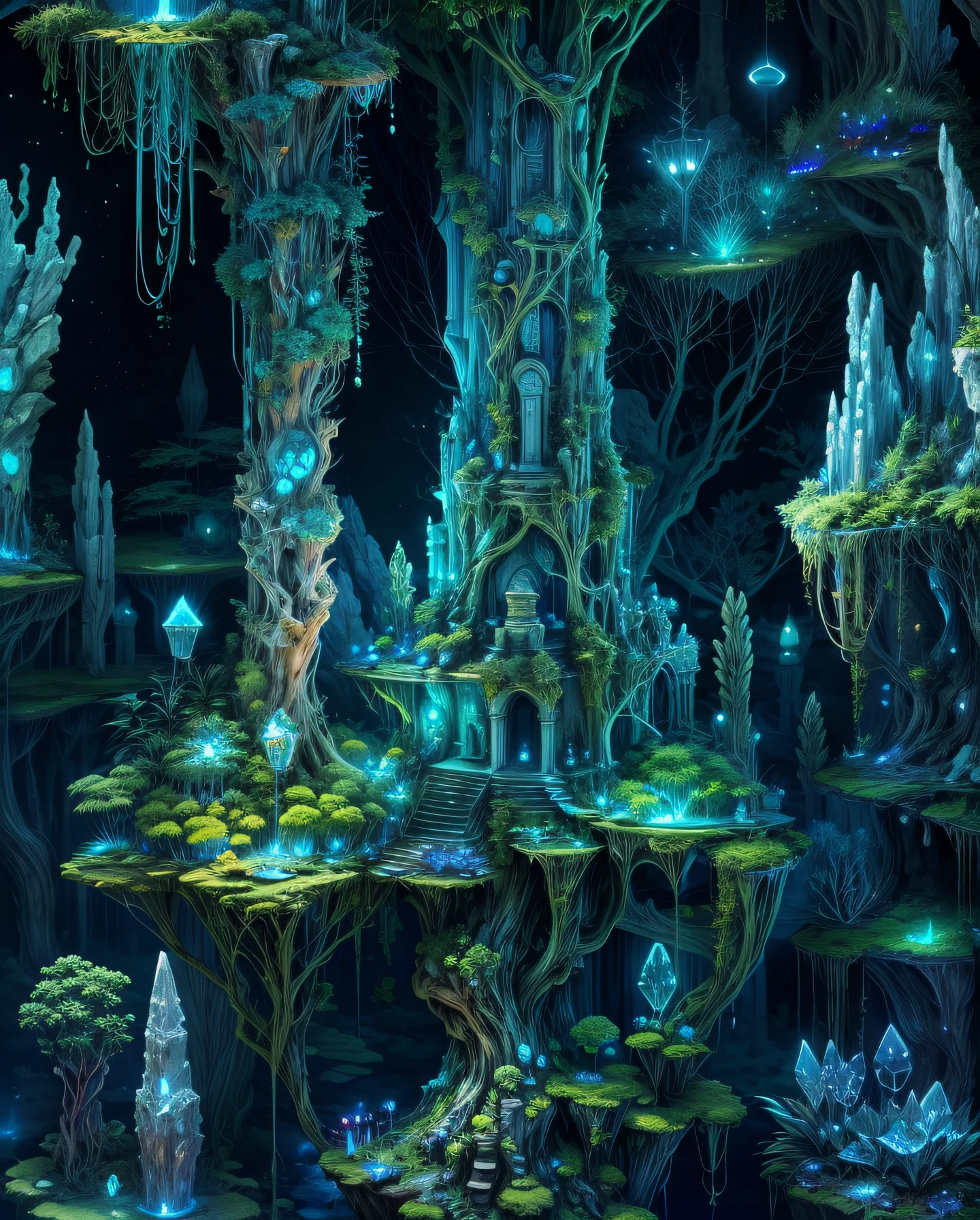 A hidden fantasy jungle deep underground, bioluminescent fungi lighting the way, enormous crystal formations, and ancient ruins filled with mystery and wonder, Sculpture, clay and luminescent materials,