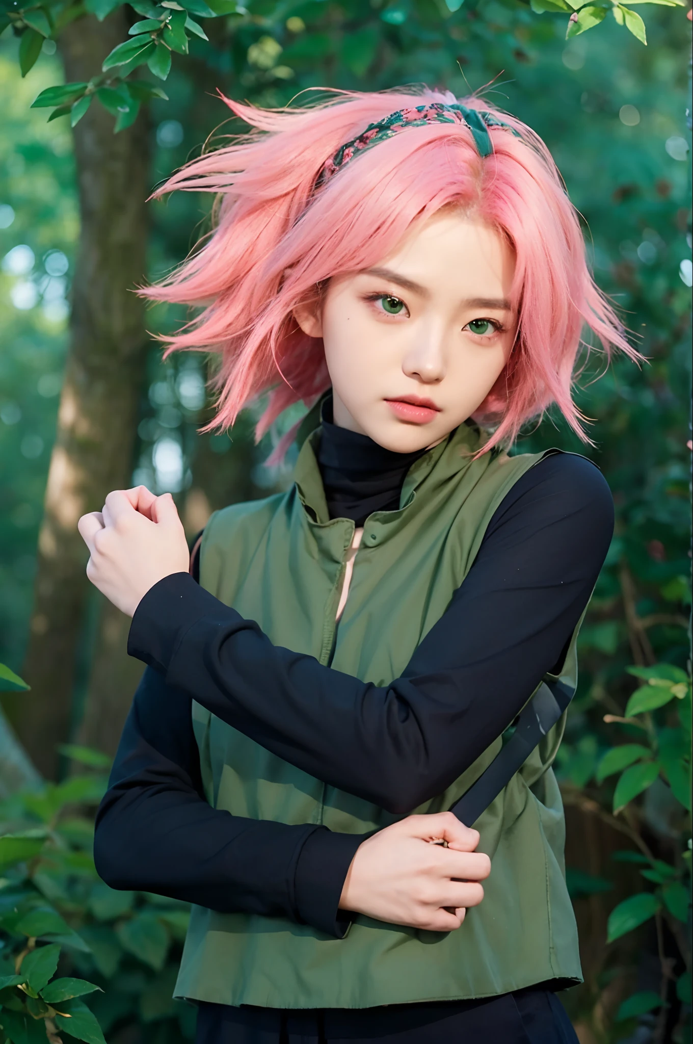 real life adaption of this character, korean beautiful face,realistic outfit wear thick green vest,detailing green eyes,realistic pink hair with red bandana,realistic background,hyper realistic,realism,realistic light, realistic shadow,(photorealistic:1.2),looking to viewer,(red bandana)