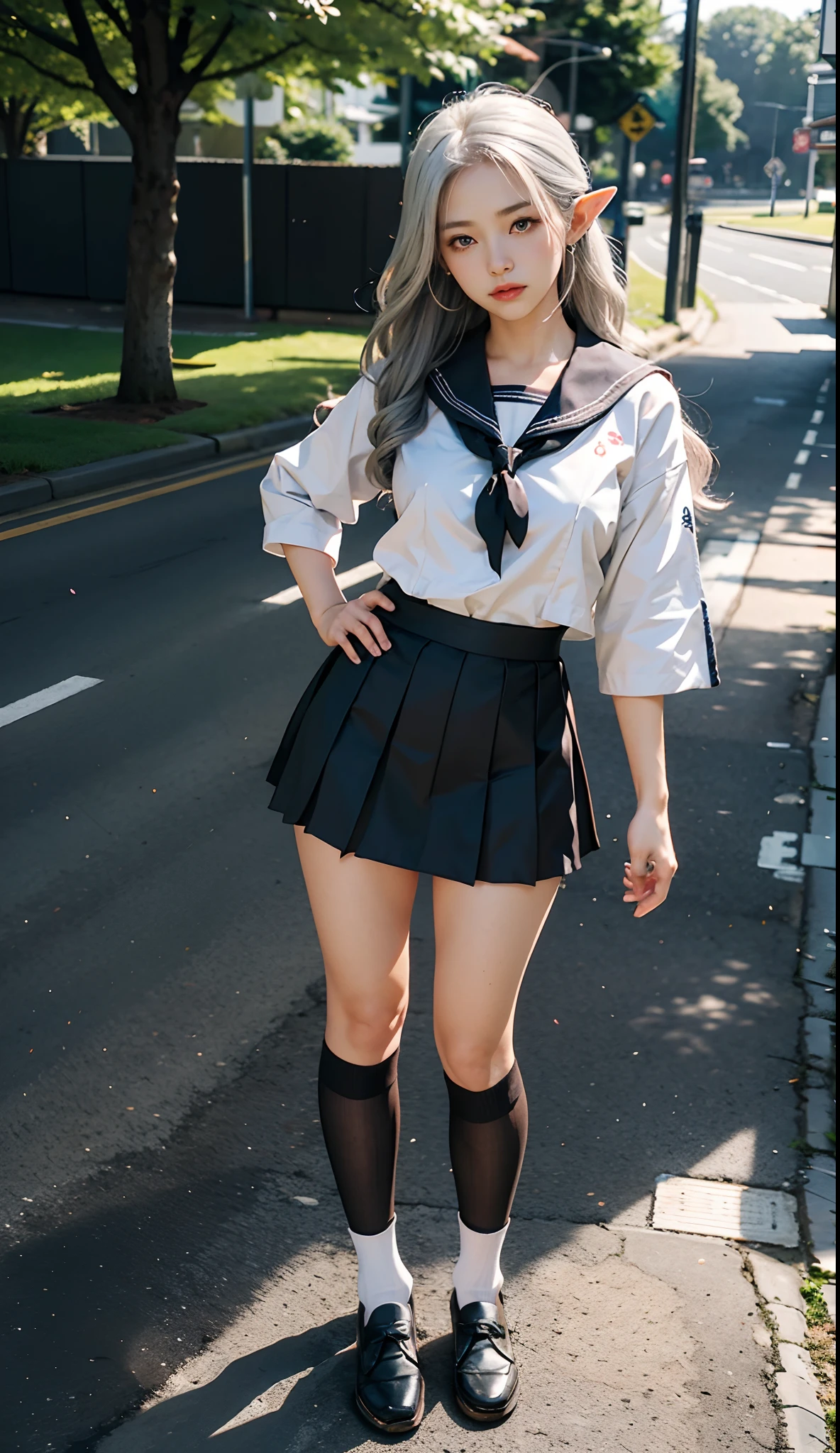 (Japanese-style school,the cherry trees:1. Mature elven beauty,standing on your feet,a sailor suit), tmasterpiece, best qualtiy, RAW photogr, realisticlying, Incredibly Ridiculous res,Elf long ears, ear studs,hair pin, (Long silver-white flowing hair),eye shadows,(a sailor suit),eardrop,foot ring,short skirt,(Black sport socks)(Black half-knee socks),Loafer shoes,two longer legs,depth of fields, A high resolution, ultra - detailed, filigree, RAWE is very detailed, very detailed eyes and faces, Sharp pupils, realistic pupil, tack sharp focus, cinmatic lighting,full bodyesbian,Bigboobs,long leges,From the front side,dynamicposes,Normal posture,closeup of face