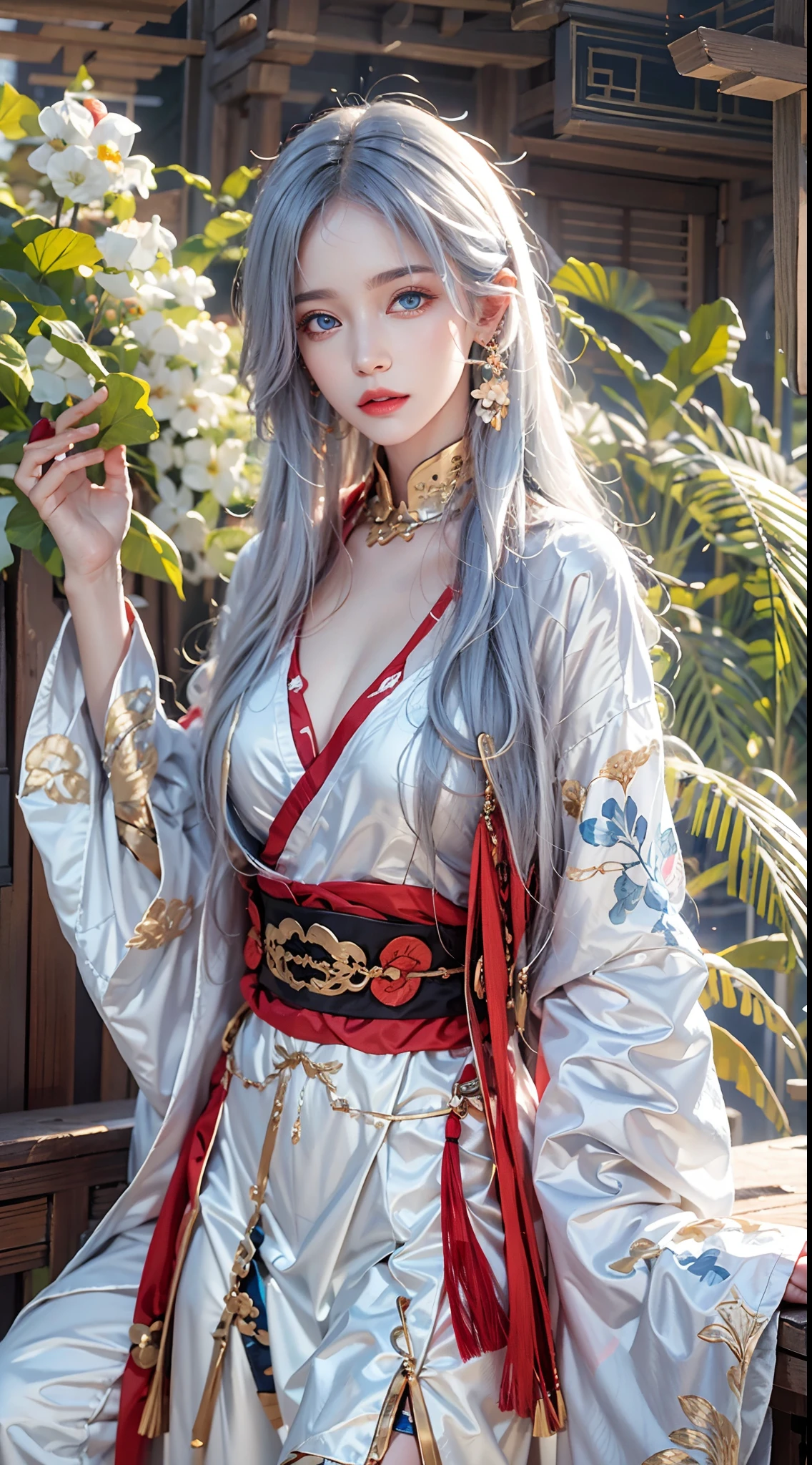 photorealistic, masterpiece, photorealistic, high resolution, soft light, hips up, blue eyes, red hanfu, white hair, long hair, Taoist robe,oversized clothes, jewelry