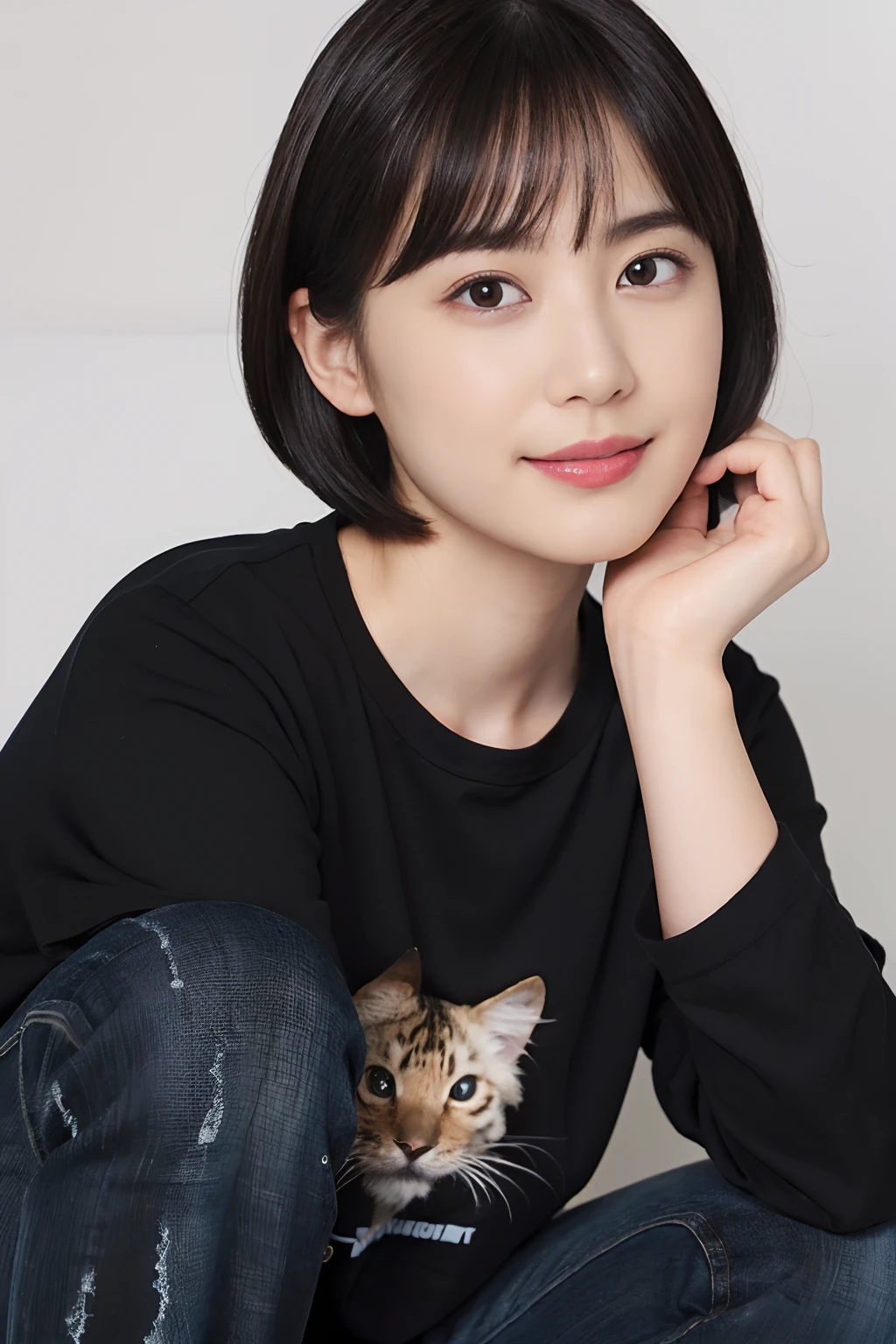 ((1womanl)), (((Black-short-hair))), (masuter piece:1,3)、top-quality、masterpiece、hight resolution、Original、highly detailed wallpaper、jeans、a large ribbon on the head, (A slight smil)、a small face、((full breasts))、(Graphic T-shirt with animal character printed)、(light on face)、Live-action style, Beautiful facial features, darkened room, full-shot, full length