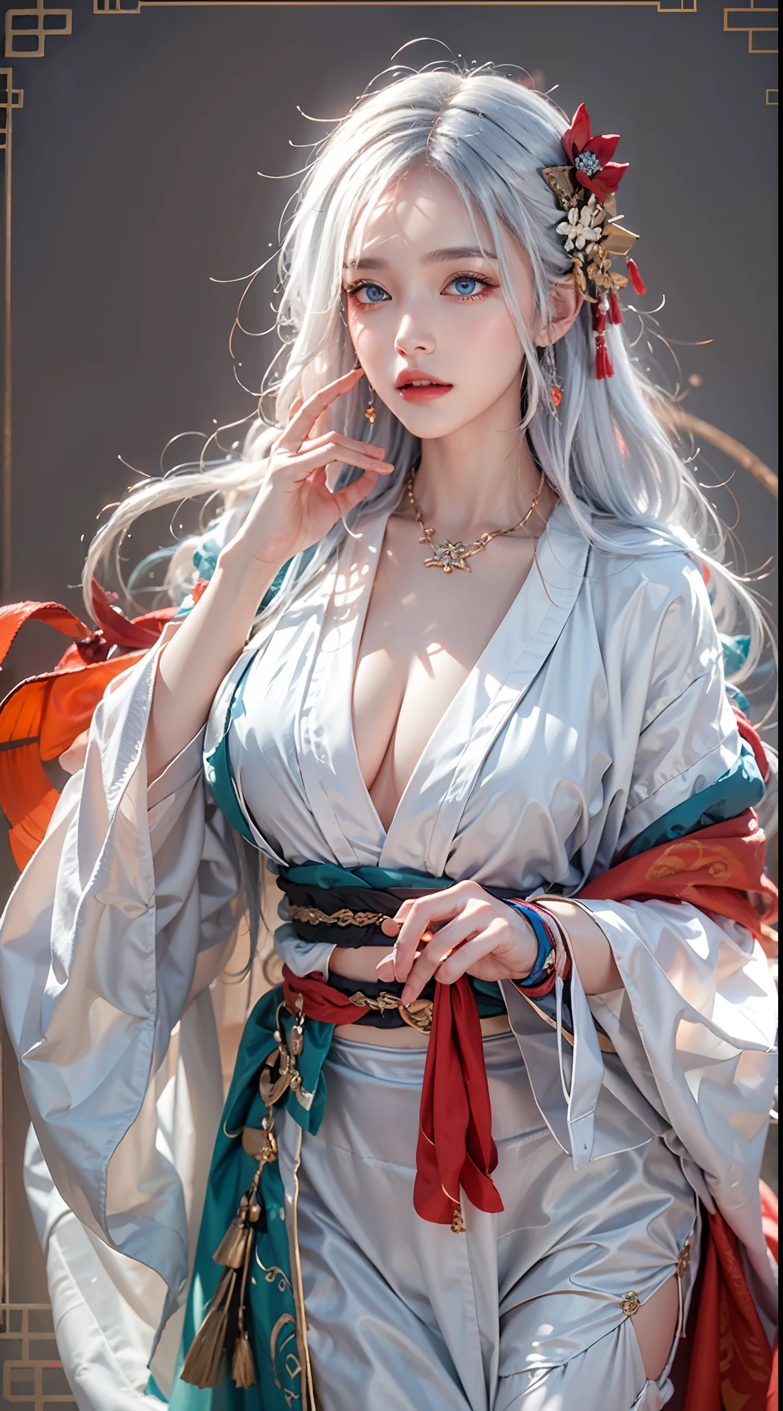 photorealistic, masterpiece, photorealistic, high resolution, soft light, hips up, blue eyes, red hanfu, white hair, long hair, Taoist robe,oversized clothes, jewelry