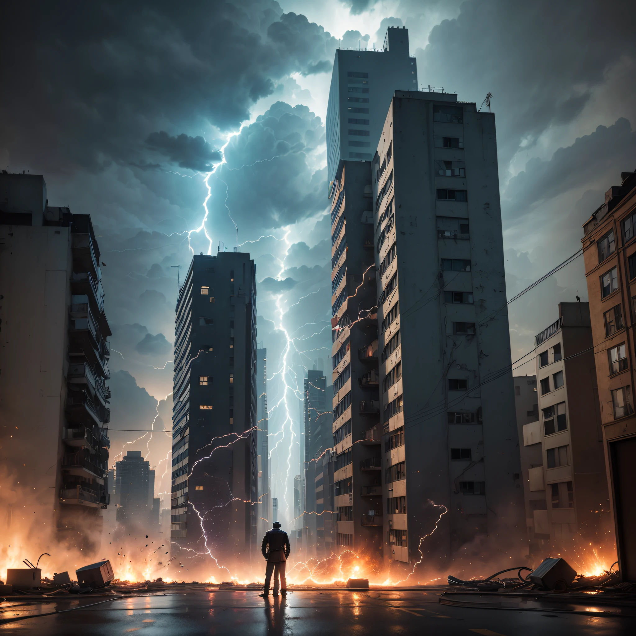 Anthropomorphic lightning on the street of a metropolis, Electrical discharges hit the walls of houses, Electrical discharges hit the windows of houses, People are afraid, Cinematic Photo, Maximum realism, Professional photo, hiquality, hight resolution, higly detailed