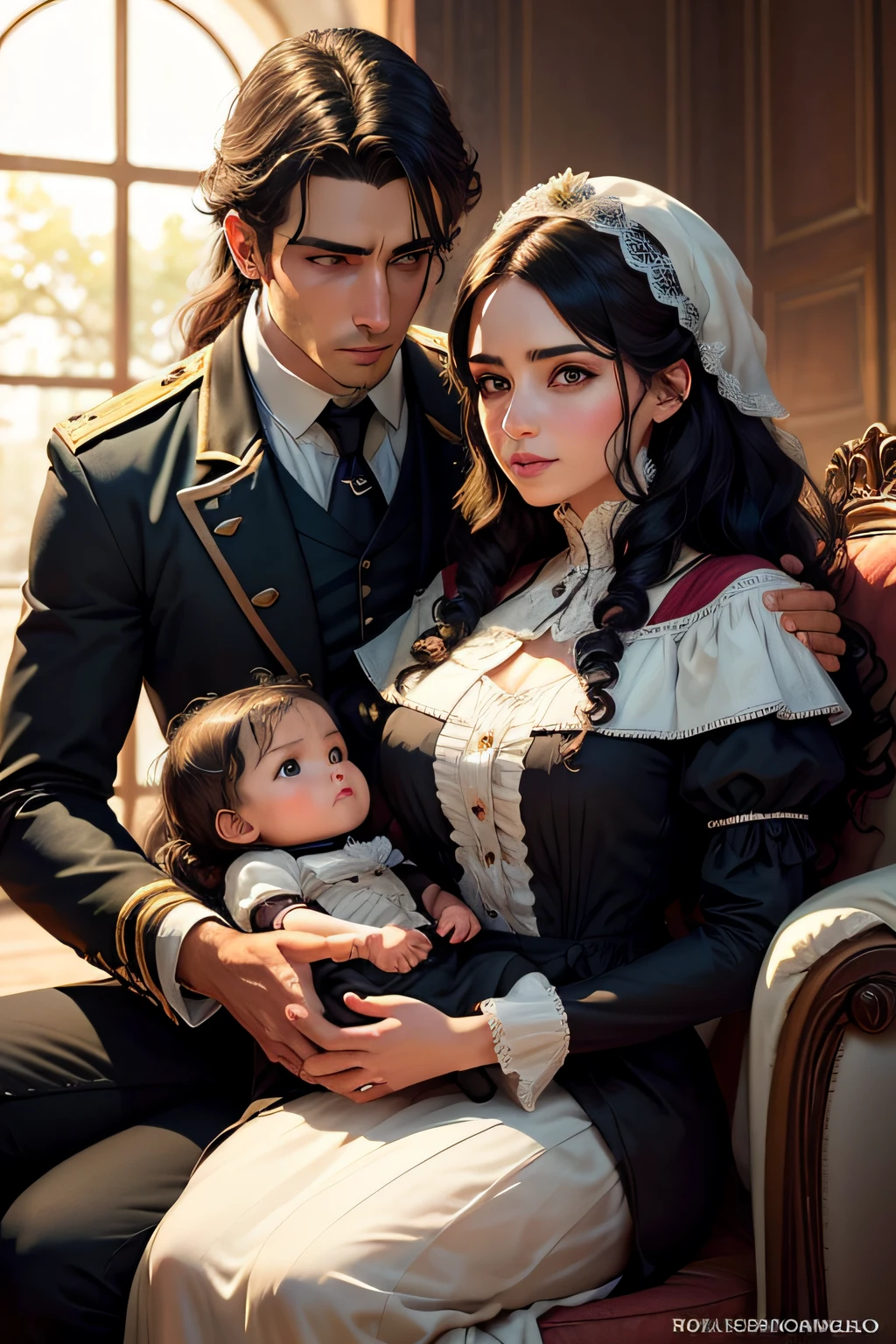 Luzes laterais para um casal,brilho do flare da lente,Traching de raias,foco nítido. Spanish Revolution of 1790, homem de 23 anos, robusto, cabelo preto encaracolado e menina de 20 anos, , era casal, with a 6--old bour lap, cabelos encaracolados, various poses and expressions face a square, Historical novel book illustration style, simples, cabelos castanhos compridos, jaquetas individuais, formais, cores claras. Conversando com o pai da sua a esposa, senhor idoso, da nobreza, cabelos castanhos curtos, serious look, em uma sala no interior de um castelo espanhol