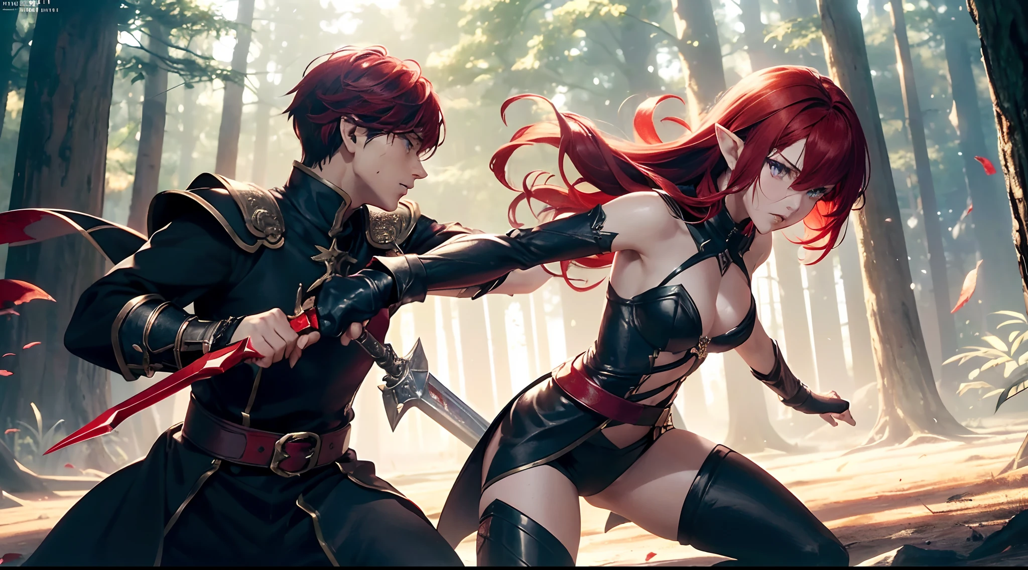 (fight scene:1.35), (with weapon and magic:1.35), (Height difference1.3), detailed [face|hands|body|pose :1.5], 1boy, (elf boy), 1girl, (daemon-like girl with (red hair|dark skin)), (fight each other:1.35), full body, knight and Daemon lord, fantasy, enchanted dark forest, dark fairy tale