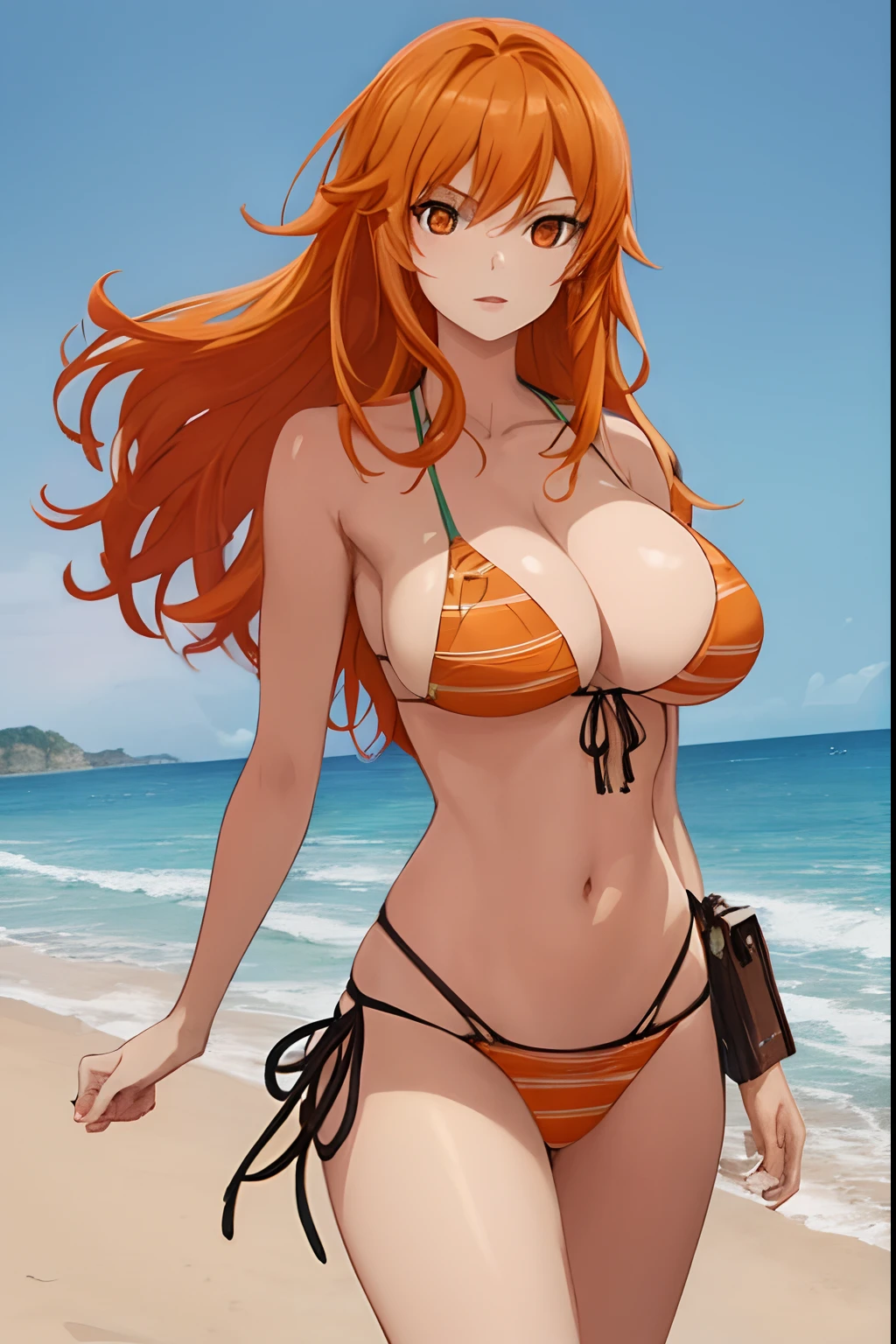 superfine illustration, very detailed beautiful face and eyes, Dynamic Angle, cowboy shot, Fancy Bikini, stands on the beach, dynamic pose, Orange hair
