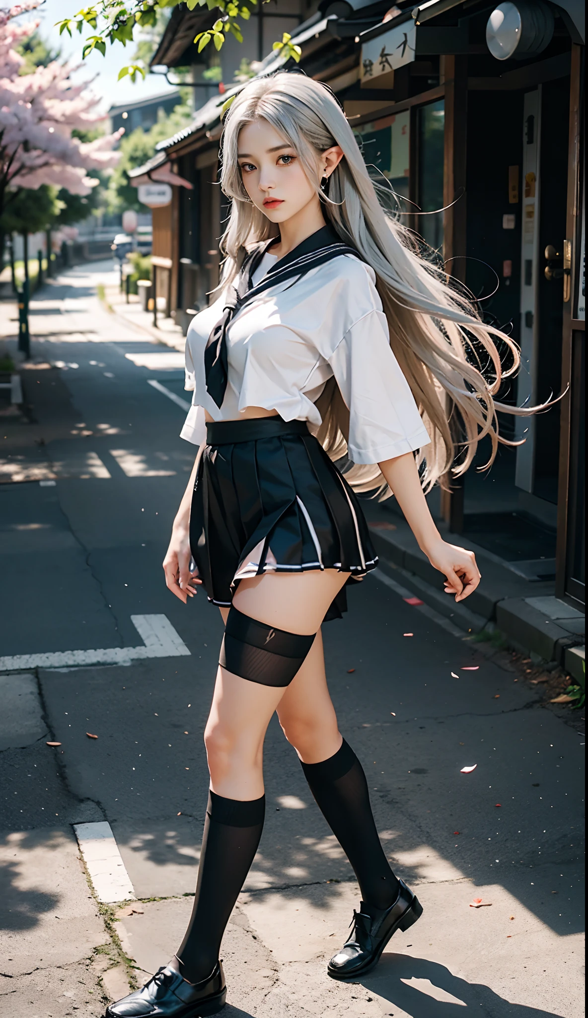 (Japanese-style school，the cherry trees：1. Mature elven beauty，standing on your feet，a sailor suit）， tmasterpiece， best qualtiy， RAW photogr， realisticlying， Incredibly Ridiculous res，Elf long ears， ear studs，hair pin， (Long silver-white flowing hair)，eye shadows，(a sailor suit)，eardrop，foot ring，short  skirt，(Black sport socks)（Black half-knee socks)，(Loafer shoes)，two longer legs，depth of fields， A high resolution， ultra - detailed， filigree， RAWE is very detailed， very detailed eyes and faces， Sharp pupils， realistic pupil， tack sharp focus， cinmatic lighting，full bodyesbian，Bigboobs，long leges，From the front side，dynamicposes，Normal posture，closeup of face