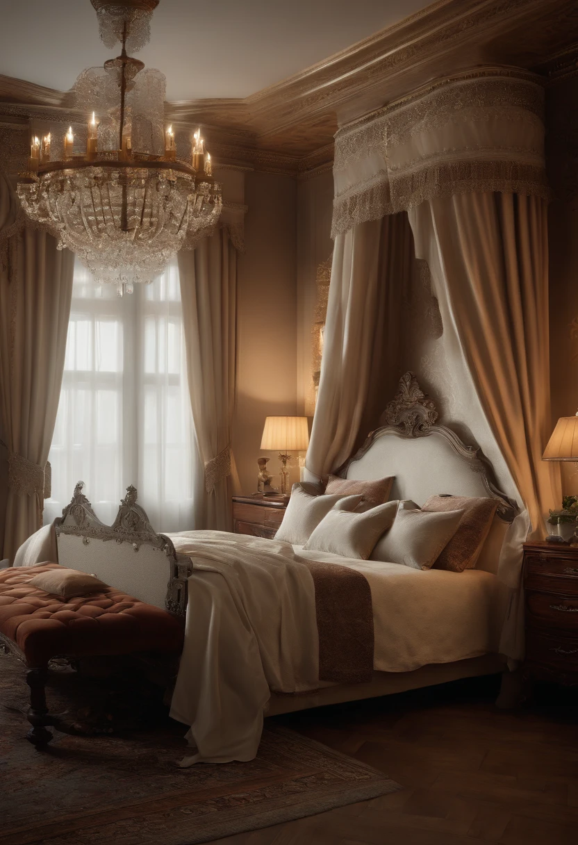 (best quality,4k,8k,highres,masterpiece:1.2),ultra-detailed,(realistic,photorealistic,photo-realistic:1.37),bedroom,romantic mood,Victorian interior design,view,soft lighting,detailed patterns,darkwood furniture,ornate curtains,vintage wallpaper,antique chandelier,velvet upholstery,luxurious bedding,floral accents,vintage mirror,classic paintings,vintage accessories,soft color palette,historical charm,cozy atmosphere