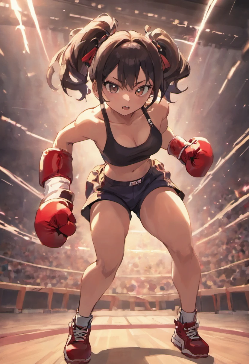 Full-fledged female boxer、full bodyesbian,Ponytail with black hair、Brown-skinned、Black sports bra and shorts、boxing gloves、With a keen eye、Boxing pose、Waist line、black sneaker shoes,Boxing stadiums,20yr old,HDR,depth of fields,Cinema lenses,optimum,moving visuals,(s fractal art:1.3)