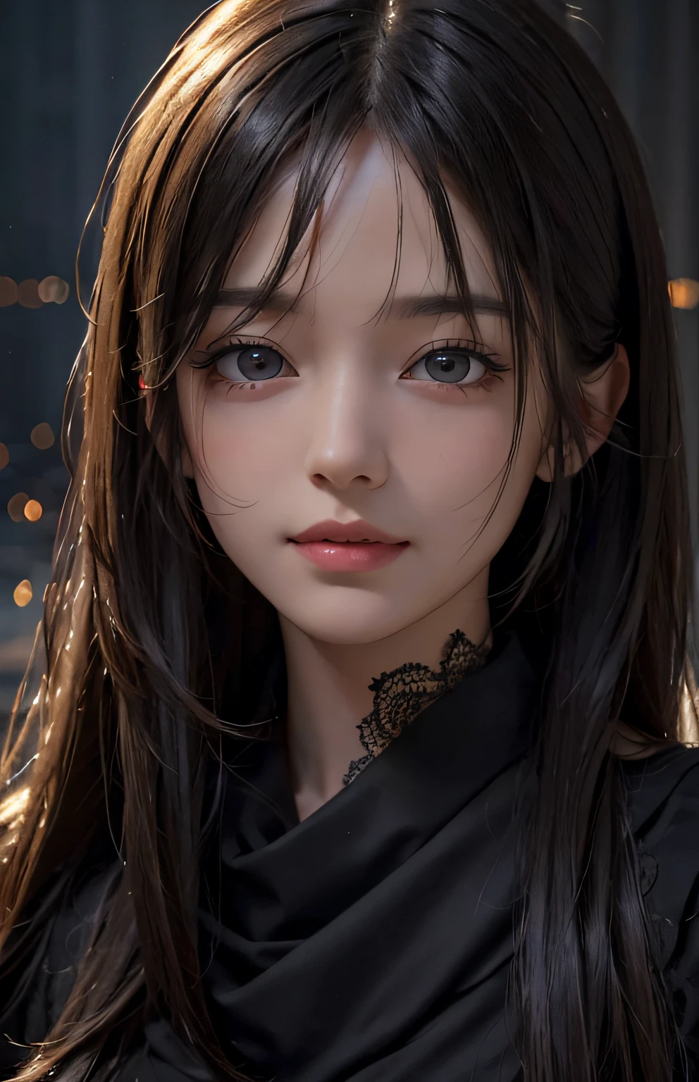 (Ultra Realistic), (Illustration), (Increased Resolution), (8K), (Extremely Detailed), (Best Illustration), (Beautiful and Detailed Eyes), (Best Quality), (Ultra Detailed), (Masterpiece ), ( wallpaper), (detailed face), solo, 1 girl, looking at viewer, fine details, detailed face, in the dark, deep shadows, low key, pureerosfaceace_v1, smiling, long hair, black shawl straight hair , 46 points oblique bangs