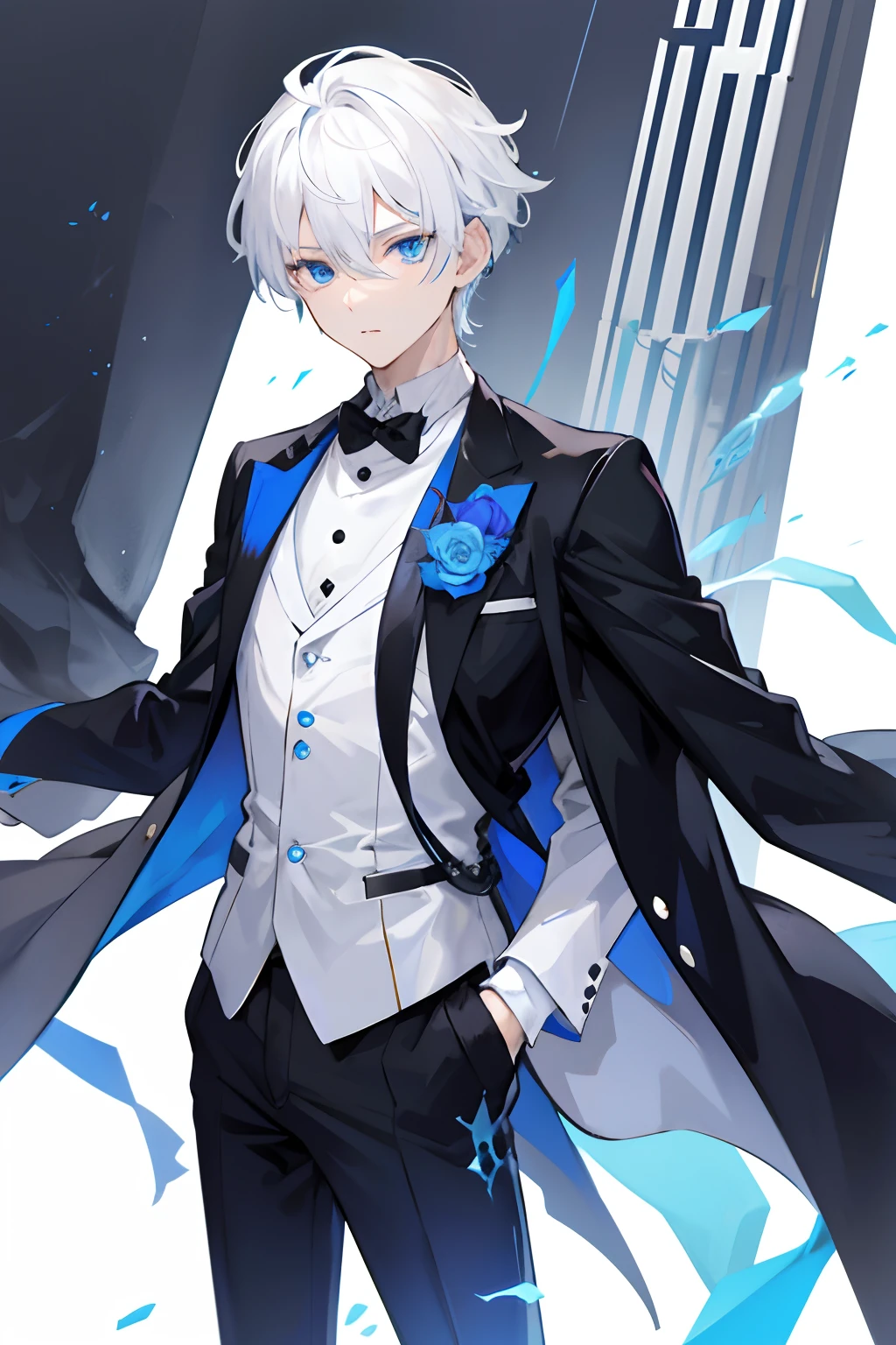 1boy, white hair, blue eyes, black suit