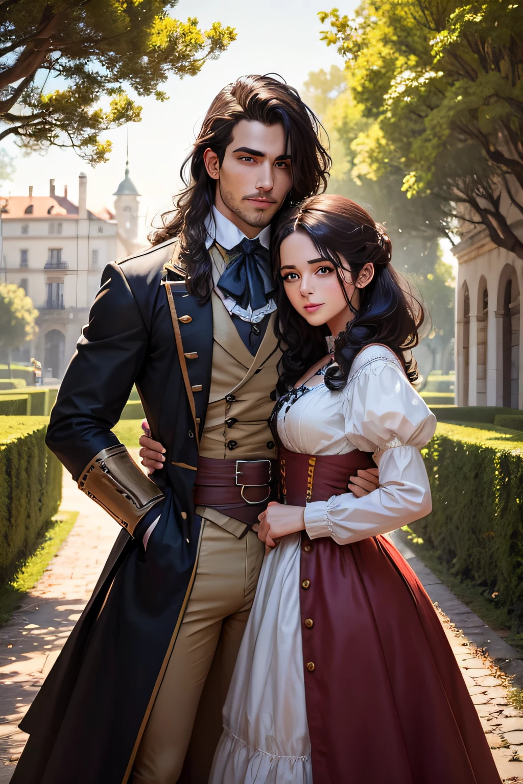 The Spanish Revolution of 1790, homem de 20 anos, robusto, cabelo preto encaracolado e de 18 anos, era casal, various poses and expressions in front of a Spanish castle, Historical novel book illustration style, simples, cabelos castanhos compridos, jaquetas individuais, cores claras. Andando em frente ao castelo, com montanhas no fundo, and a garden full of tall trees.