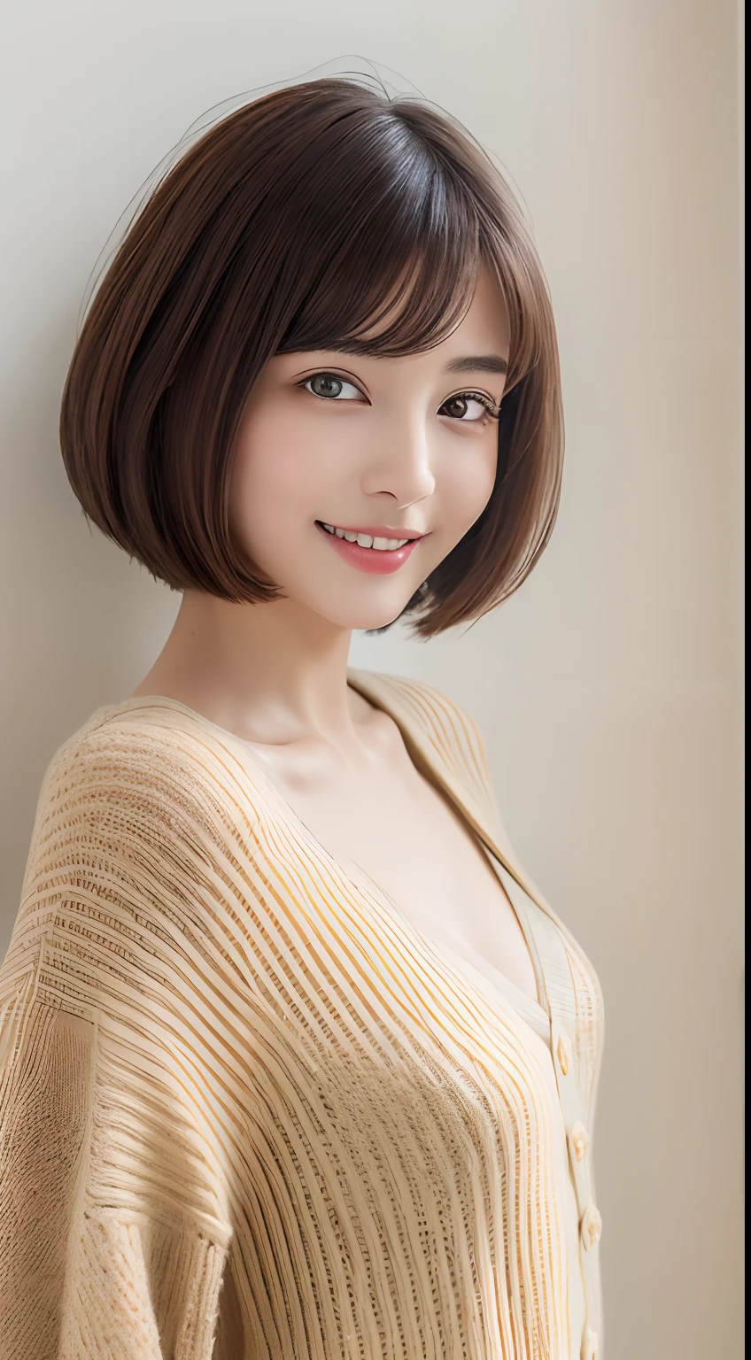 ((Best Quality, 8K, masutepiece: 1.3)), 1 girl, Slim Abs Beauty: 1.3, (Hairstyle brunette shortcuts, Big: 1.2), Onepiece: 1.1, Delicate eyes, Double eyelids, Smile, Home, Raw foto,Cardigan,Short skirts、Thicker lips、