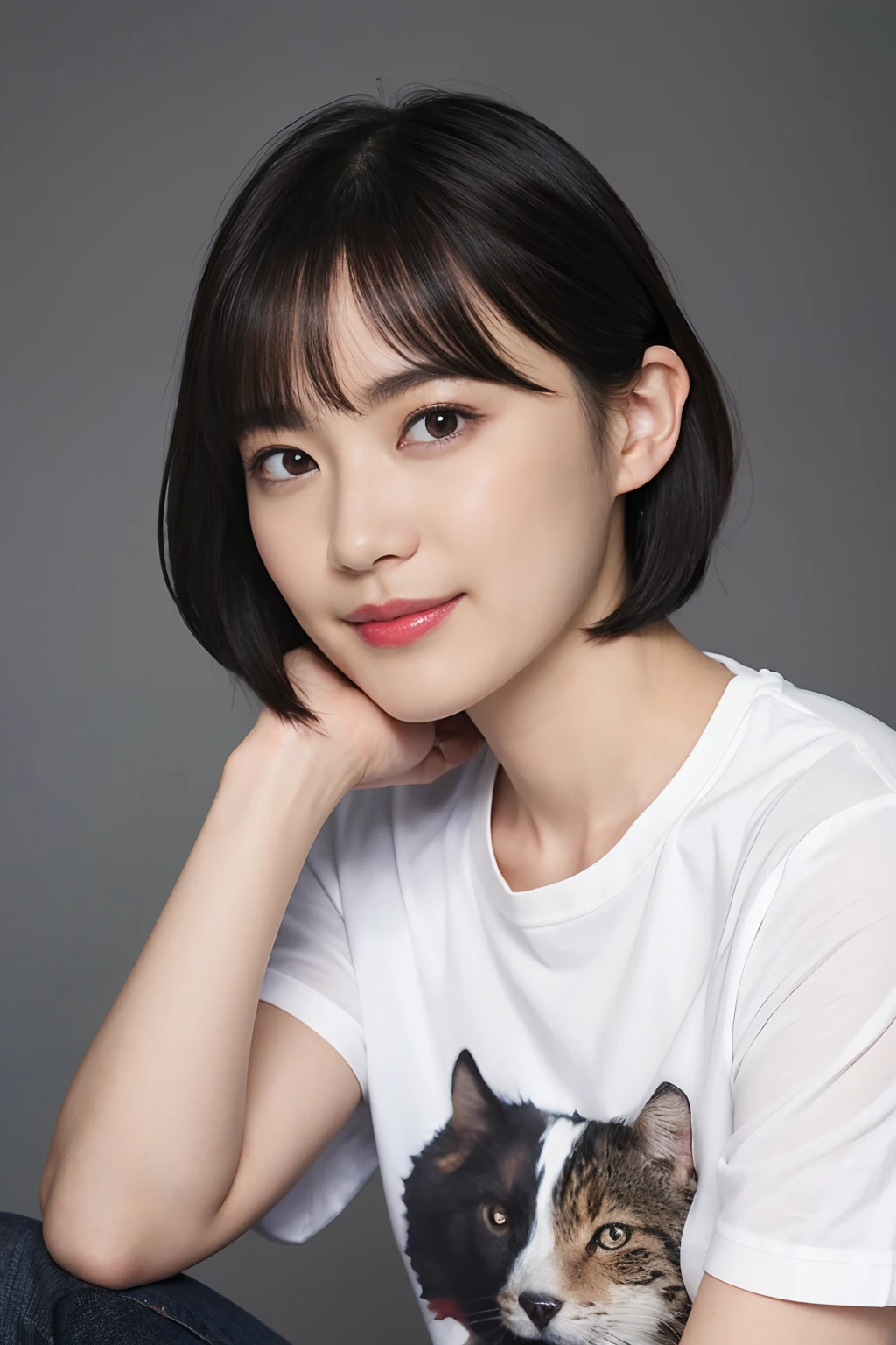 ((1womanl)), (((Black-short-hair))), (masuter piece:1,3)、top-quality、masterpiece、hight resolution、Original、highly detailed wallpaper、jeans、a large ribbon on the head, (A slight smil)、a small face、((full breasts))、(Graphic T-shirt with animal character printed)、(light on face)、Live-action style, Beautiful facial features, darkened room, full-shot, full length