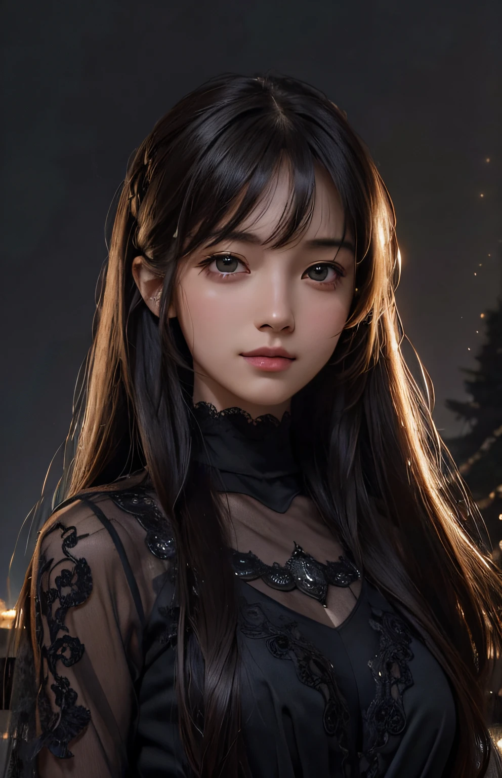 (Ultra Realistic), (Illustration), (Increased Resolution), (8K), (Extremely Detailed), (Best Illustration), (Beautiful and Detailed Eyes), (Best Quality), (Ultra Detailed), (Masterpiece ), ( wallpaper), (detailed face), solo, 1 girl, looking at viewer, fine details, detailed face, in the dark, deep shadows, low key, pureerosfaceace_v1, smiling, long hair, black shawl straight hair , 46 points oblique bangs
