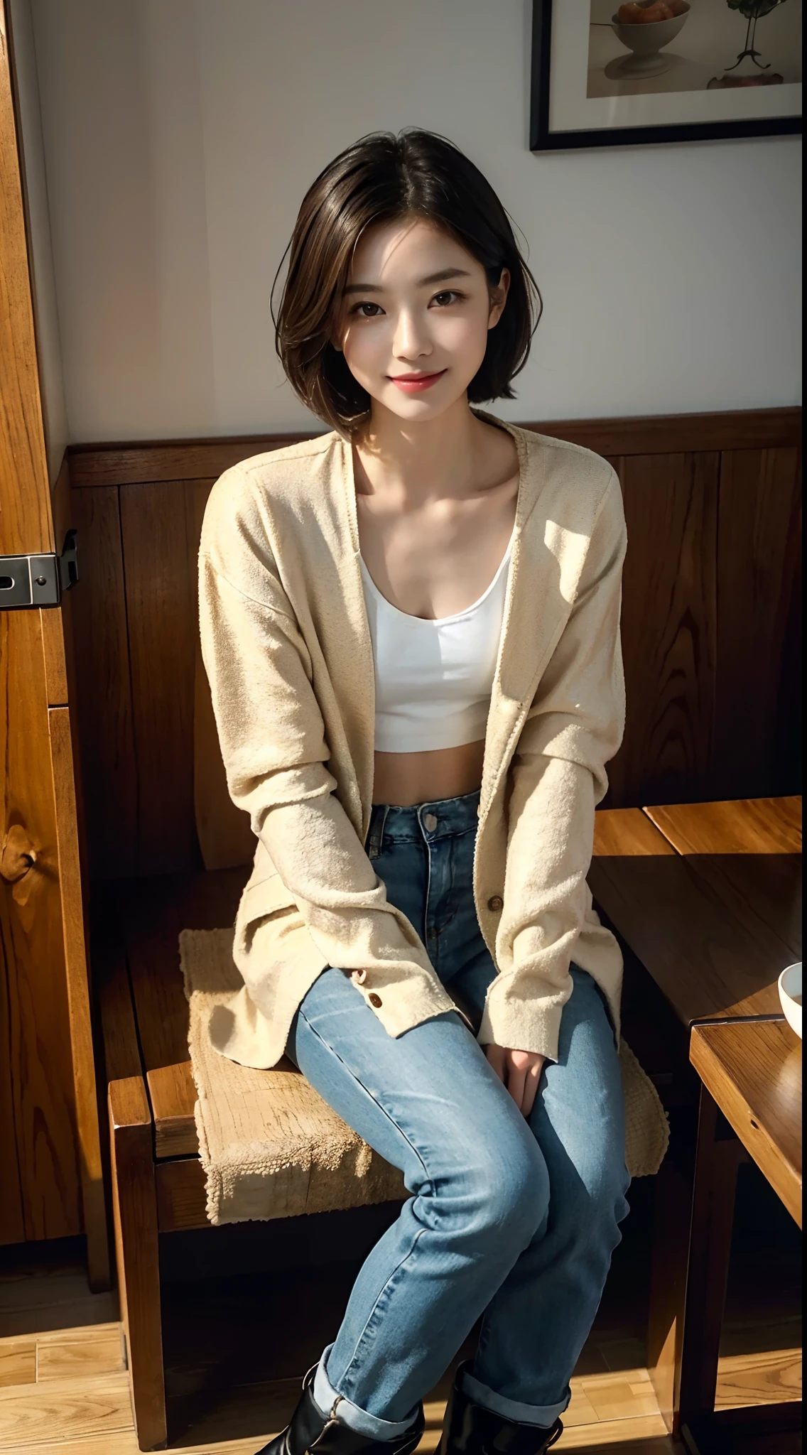((Small underboob)), (shoulder length straight short hair: 1.2), （Extremely meticulous CG 8k wallpaper），（Extremely refined and beautiful），（Masterpiece），（best qualtiy：1.0），（Ultra High Resolution：1.0），beautiful light up，Perfect lightning，realistic shaded，[A high resolution]，Smooth and flawless fair skin，Extremely exquisite facial details，（perfect body：1.1），ultra - detailed，A beautiful girl，small head，(Small breasts:1.1)，Flat chests，slim，thin，Smile，cheerfulness，(collarless white jacket:1.3），（Light blue denim pants:1.1）,(Black military boots:1.1)，early autumn,afternoon, Bright and warm light，in a noodle restaurant,Close Shot,Sitting in a chair，Holding a pair of chopsticks in right hand，(a large bowl of seafood noodles on the dining table:1.0),A small plate of pickled vegetables，A cup of barley tea