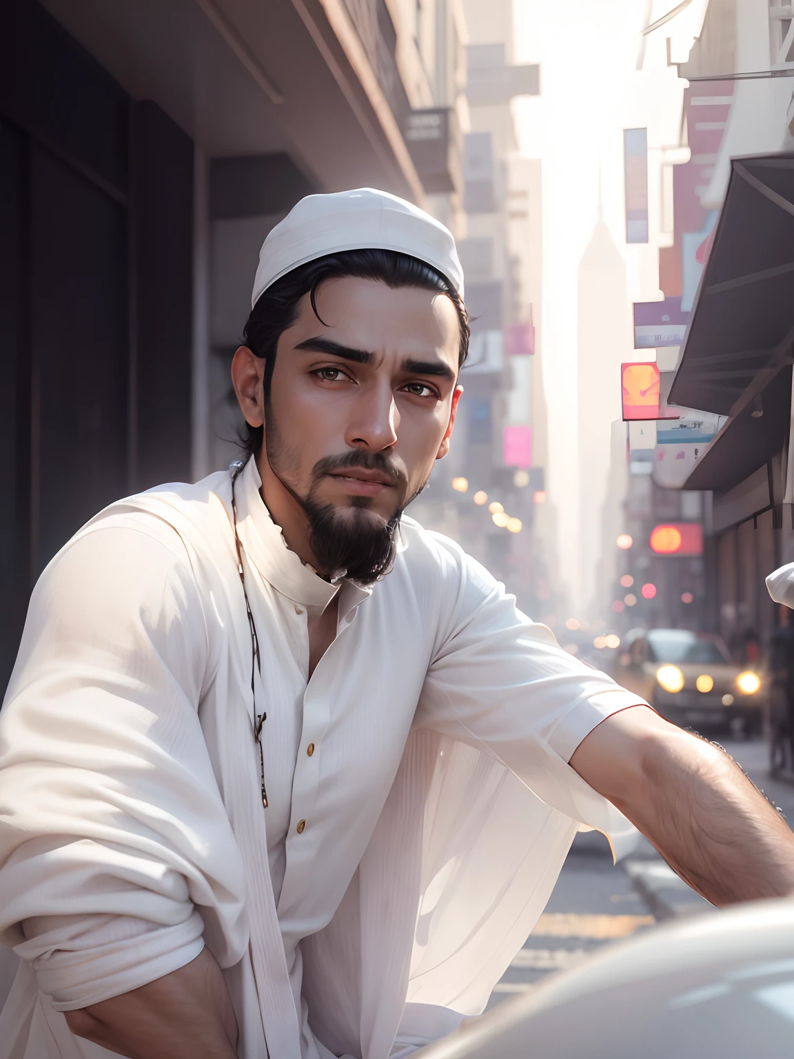 Realistic look, change background, cars in background, white kurta, glowing skin,8k quality, NYC cap, change cap,