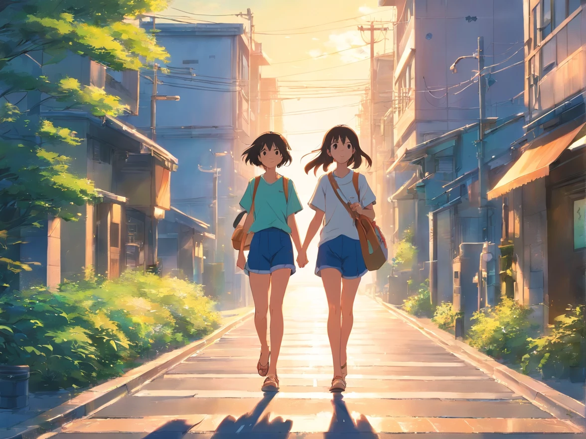 masutepiece, Best Quality, two girls walking happily