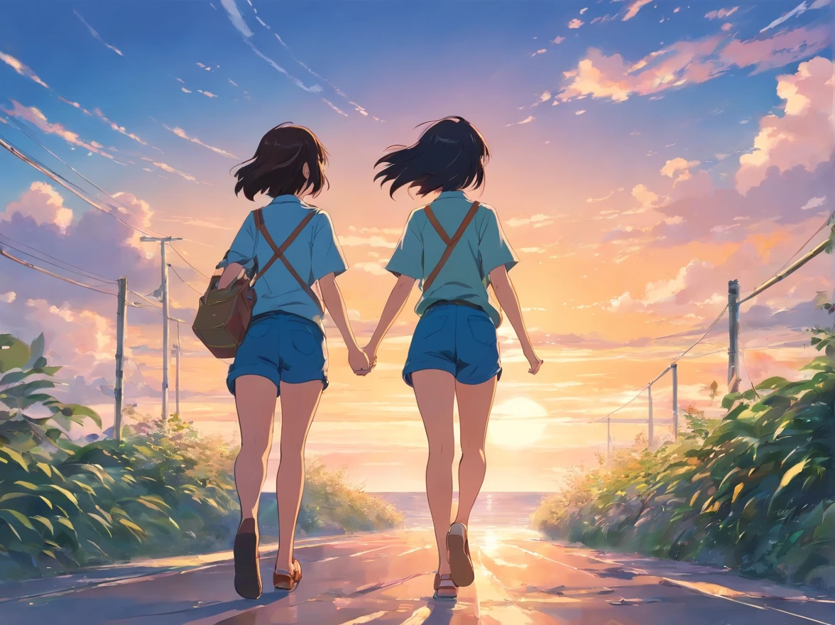 masutepiece, Best Quality, two girls walking happily