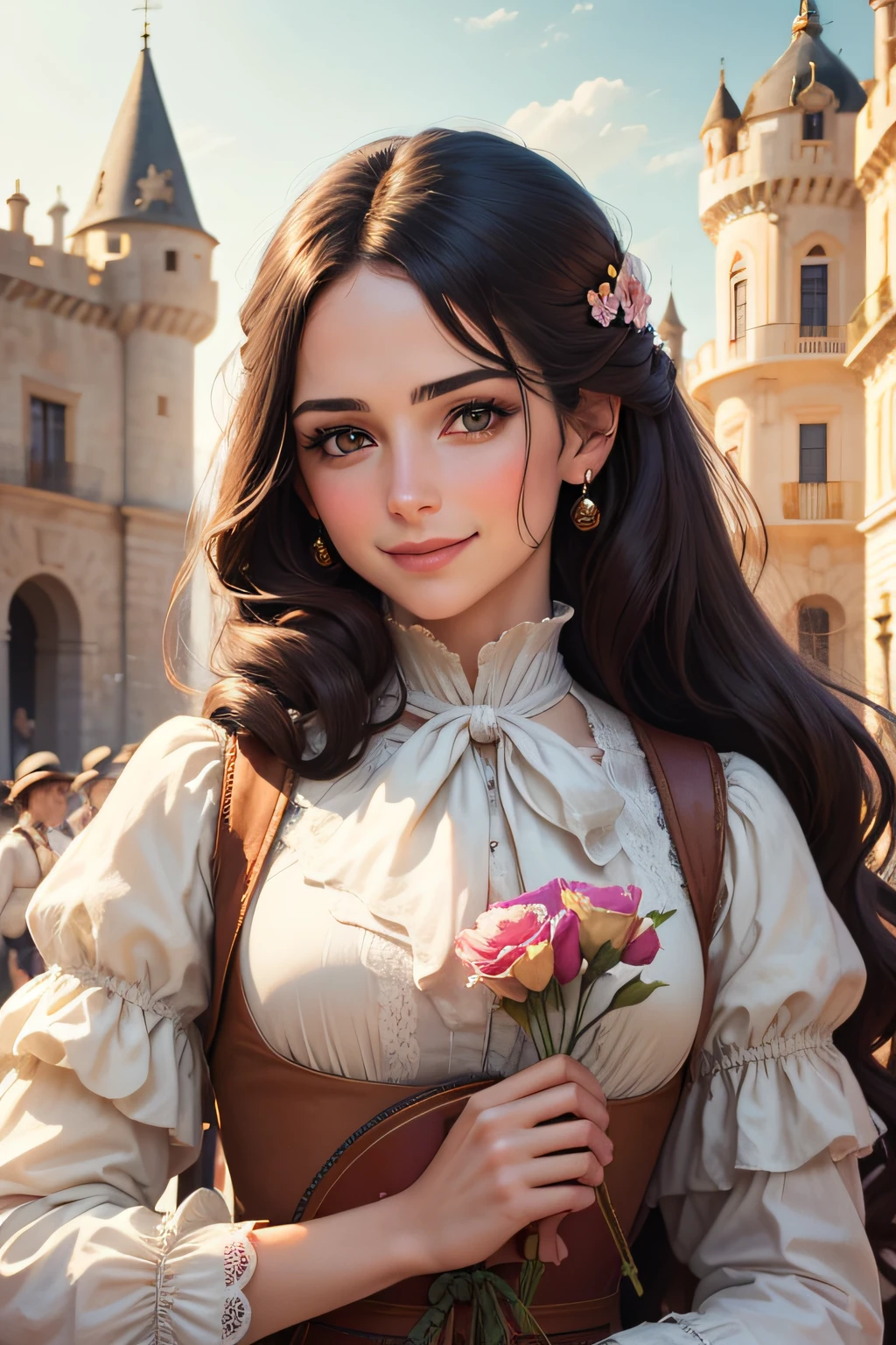 The Spanish Revolution of 1790, mulher de 19 anos, various poses and expressions face a Spanish castle, Historical novel book illustration style, simples, cabelos castanhos compridos, jaquetas individuais, cores claras, formal. Com um jardim a sua volta, smiling and cheerful holding a flower in his hands