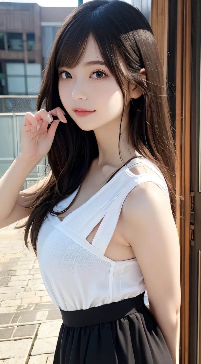 ​masterpiece、1 beautiful girl、A detailed eye、Puffy eyes、top-quality, 超A high resolution, (Realisticity: 1.4), OriginalPhotographs,cinematlic lighting、japanes、Super beauty、Beautiful skin、A slender、(A hyper-realistic)、(hight resolution)、(8K)、(ighly detailed)、(beautifully detailed eyes)、(ultra-detailliert)、（A detailed face）、looking at viewert、Very smiling、Facing straight ahead、Black colored eyes、The body is facing forward、White sleeveless、hotpants、Clear、Summer Sea、Trendy Korean Cosmetics、