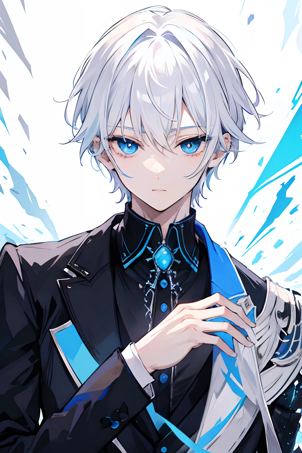 1boy, white hair, blue eyes, black suit