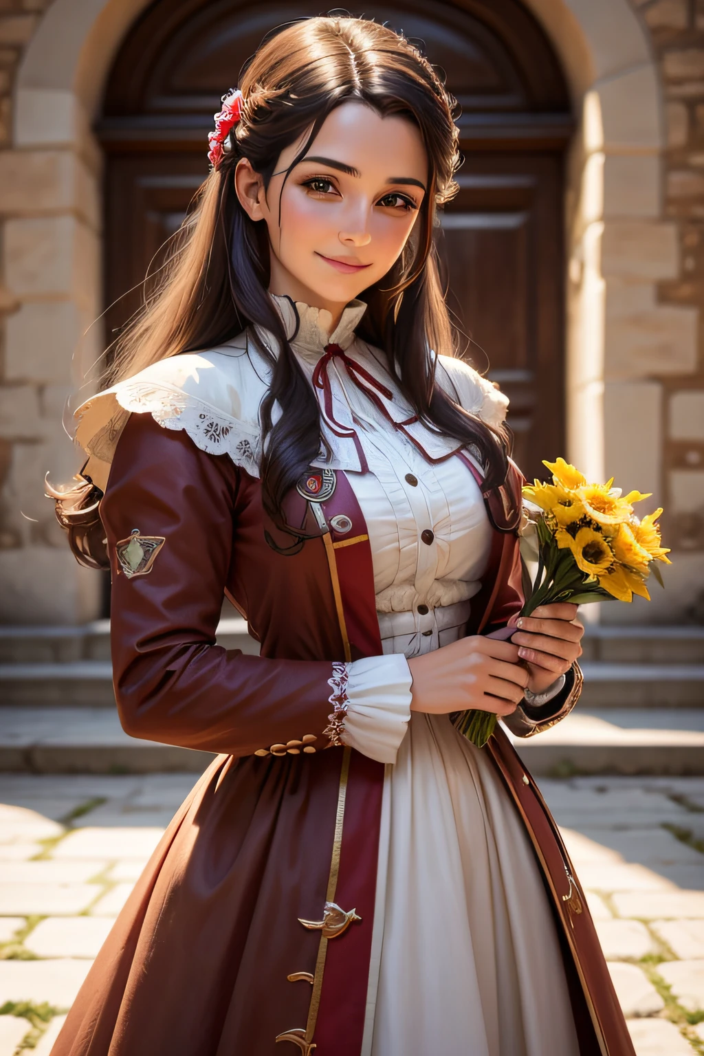 The Spanish Revolution of 1790, mulher de 19 anos, various poses and expressions face a Spanish castle, Historical novel book illustration style, simples, cabelos castanhos compridos, jaquetas individuais, cores claras, formal. Com um jardim a sua volta, smiling and cheerful holding a flower in his hands