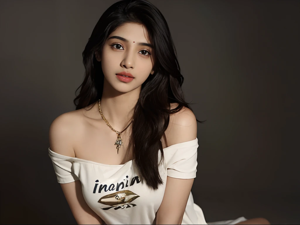 (((desi Indian girl))), (((Named Samantha))),1girl 13 year old, solo, long hair, big breasts, looking at viewer, black hair, bare shoulders, brown eyes, jewelry, full body, necklace, off shoulder,T shirt and Skirt, lips, realistic, nose, sexy, flirting with camera