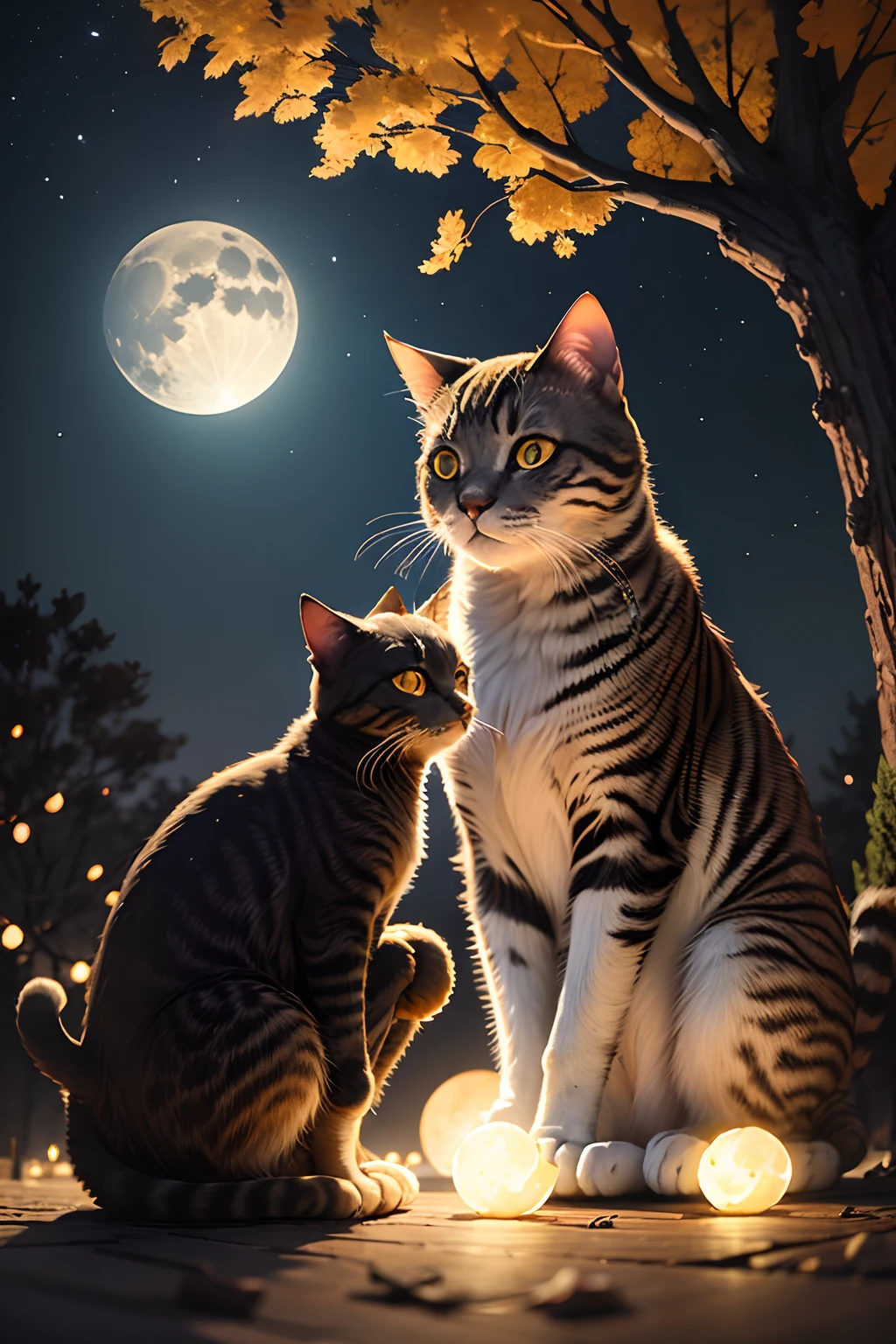 mid-autumn festival，Next to the tree，Crouching a cat，seeing the moon