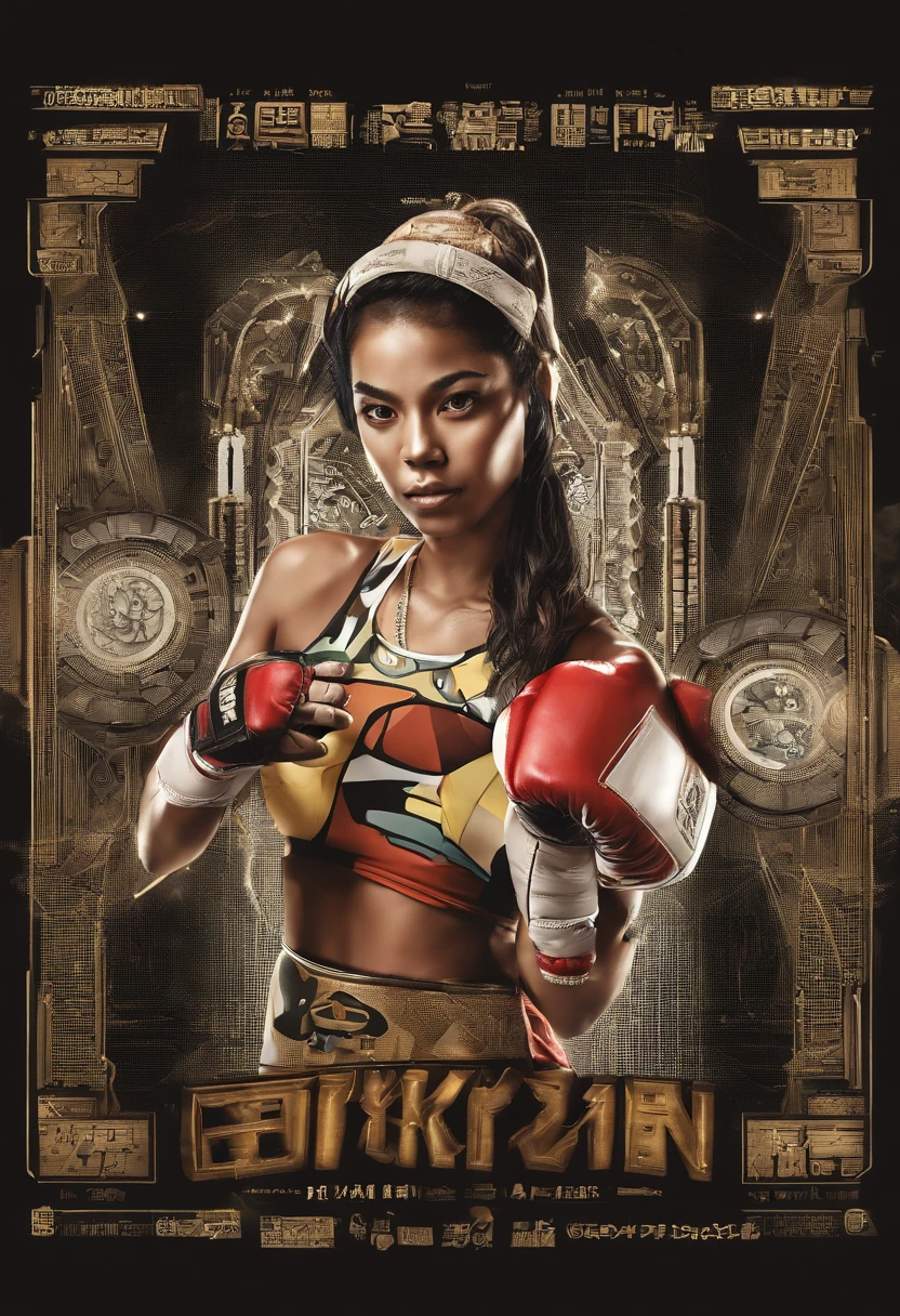 Full-fledged female boxer、full bodyesbian，Ponytail with black hair、Brown-skinned、Black sports bra and shorts、boxing gloves、With a keen eye、Boxing pose、Waist line、black sneaker shoes，Boxing stadiums，20yr old，HDR,depth of fields，Cinema lenses，optimum，moving visuals，（s fractal art：1.3）